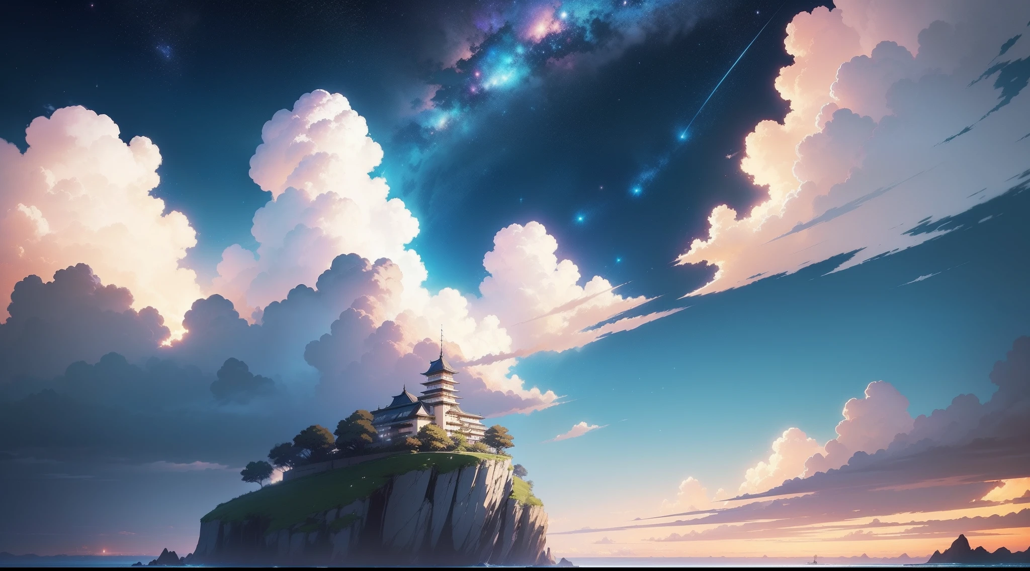 No people、There is a picture of the sky，There are clouds and stars，Space sky。Authors：Shinkai sincerely、Anime Sky、Anime Cloud、Blue Ocean。Shinkai sincerely，style of makoto shinkai，style of makoto shinkai，Lost Land。Inspired by landscape backgrounds，Shinkai sincerely，Shinkai sincerely。- H 2160，夏天，Makoto Shinkai Concept Art，Tumbler，magic realism，Beautiful anime scenes，Beautiful sky。Shinkai sincerely，（By Shinkai Makoto）），Anime Background Art，anime backgrounds，style of makoto shinkai，anime movie background，mare，no man、shooting stars、