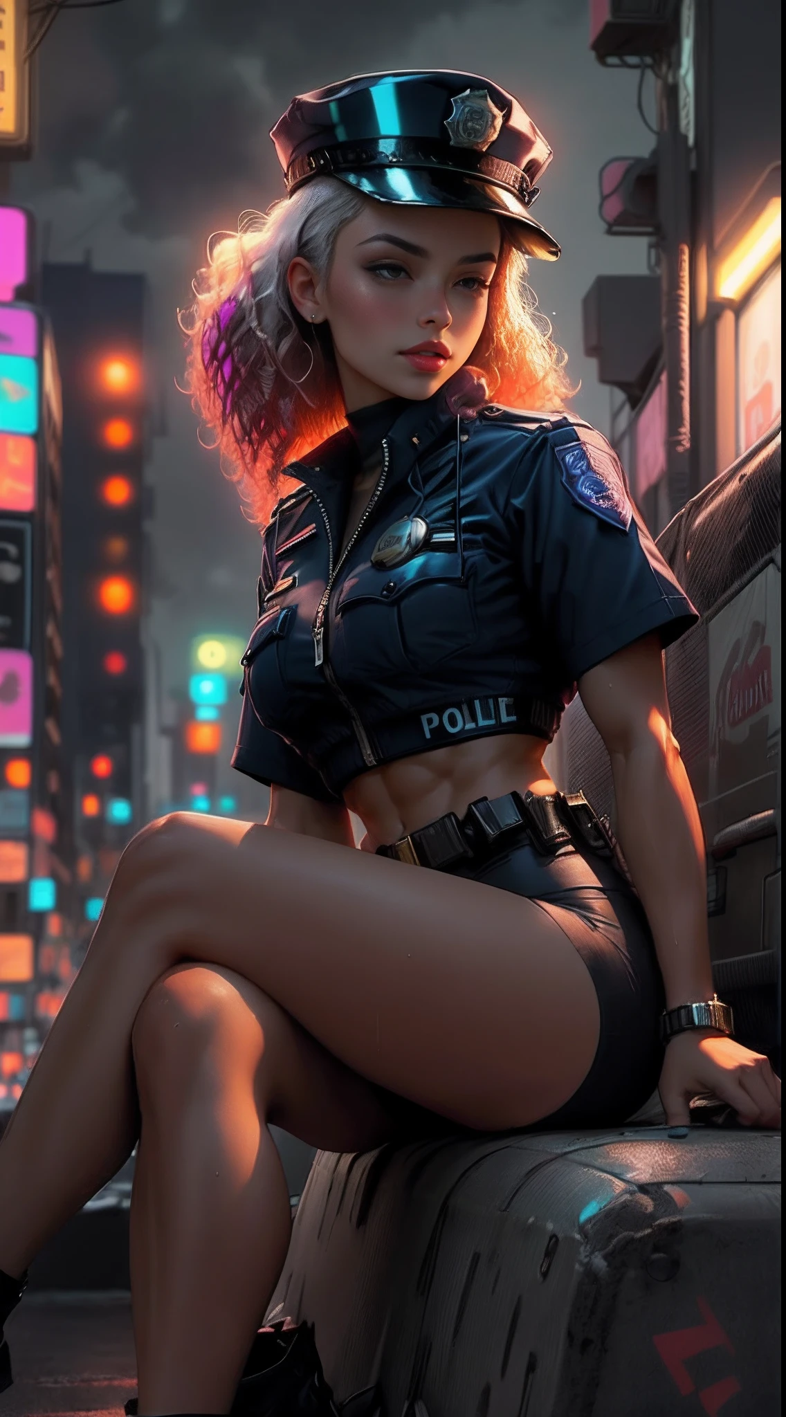 Beautiful woman 1female with curly hair style in a police cap, Short police clothes in the style of cyberpunk police, Tanned:2 Skin, It looks contrasting, good anatomy, Muscles are drawn, stylish sitting,The evening sky is overcast, in the background ((nighttime)) Colorful Neon City, wet asphalt