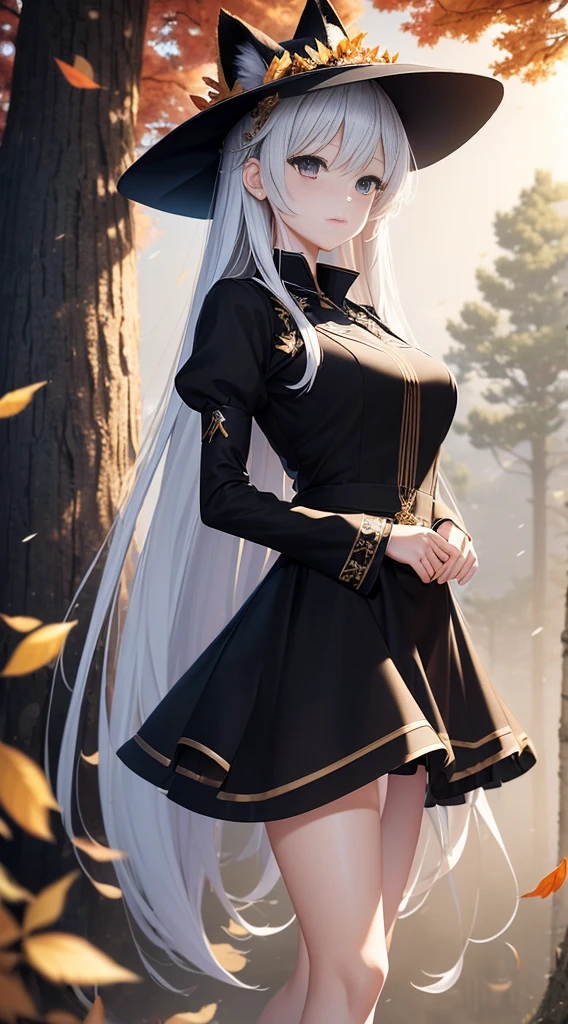 (extremely detailed CG unity 16k wallpaper:1.1), (Denoising strength: 1.45), (tmasterpiece:1.37), A girl in a black dress and a fox hat, An anime work drawn by Kisu, pixiv contest winner, rayonism, made of leaves, soft mist, Mist.