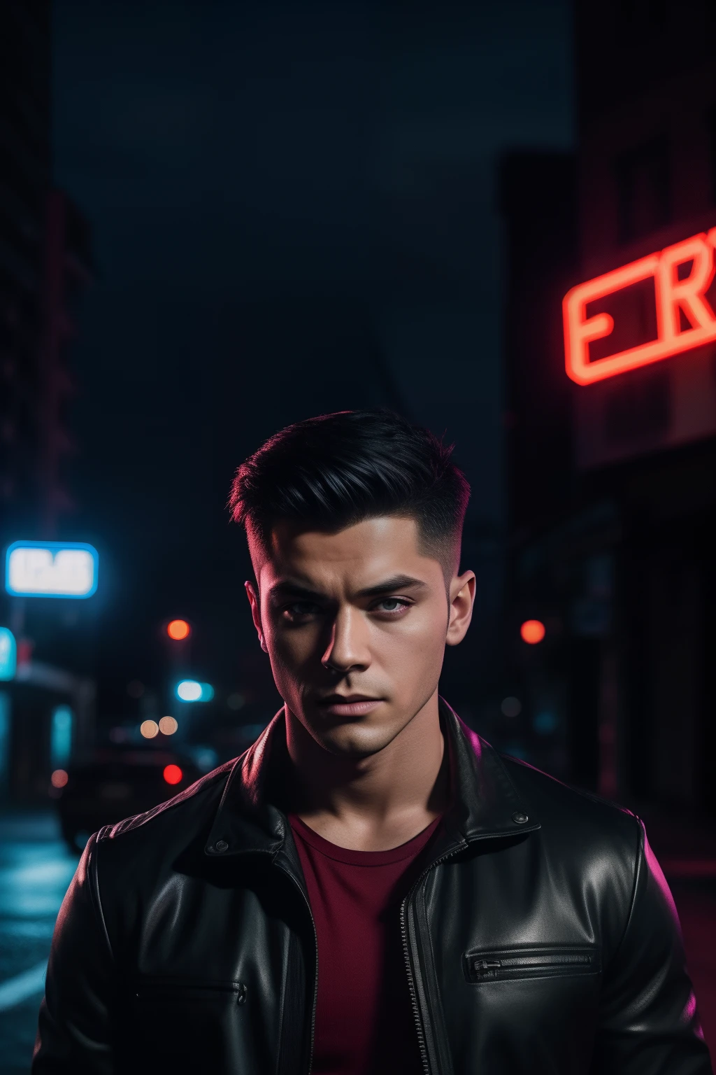 arafed man, 25 years with short side cut black hair in standing in the middle of a street, hero pose, standing next a car, nissan 350z mid shot portrait, promo still, promotional still, zac retz, shot on canon eos r5, shot on canon eos r 5, moody cinematic lighting, raphael personnaz, editorial photograph, aleksander rostov, still from riverdale, portrait shot 8 k, cyberpunk ????, ultra realistic, neon, photo shooting model, raw photo, dsrl, neon signs, purple, blue, red