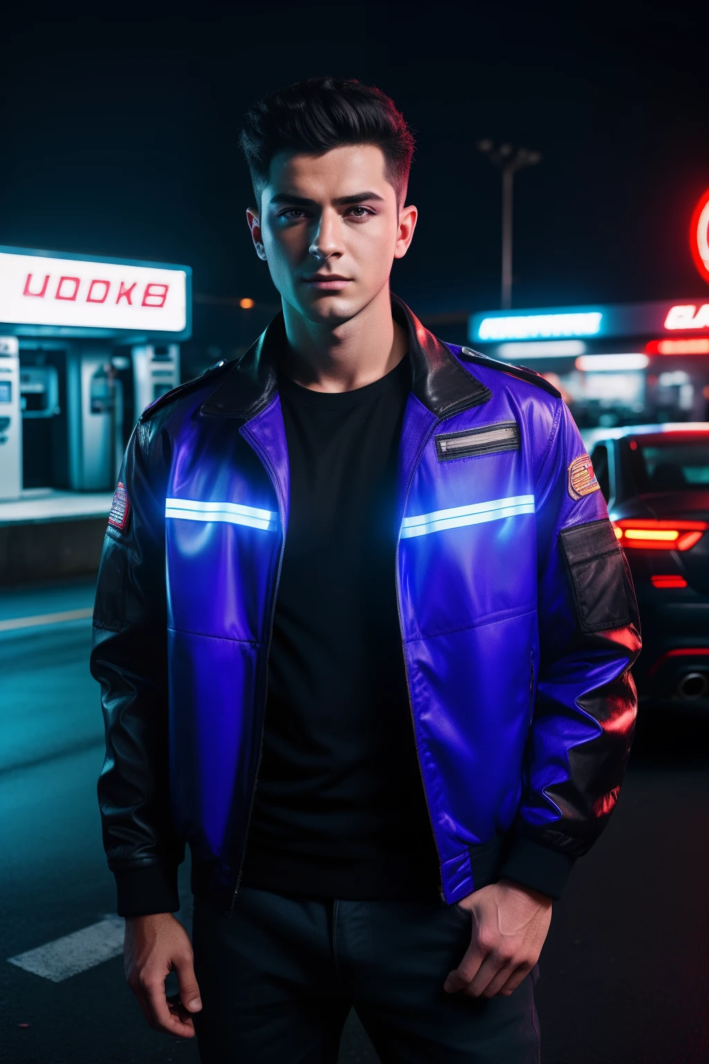 arafed man, 25 years with short side cut black hair in standing in gas station, fashion clothes jacket, hero pose, standing next a car, drift car event promo still, promotional still, zac retz, shot on canon eos r5, shot on canon eos r 5, moody cinematic lighting, raphael personnaz, editorial photograph, aleksander rostov, portrait shot 8 k, cyberpunk noir, ultra realistic, neon, photo shooting model, raw photo, dsrl, purple, blue, red