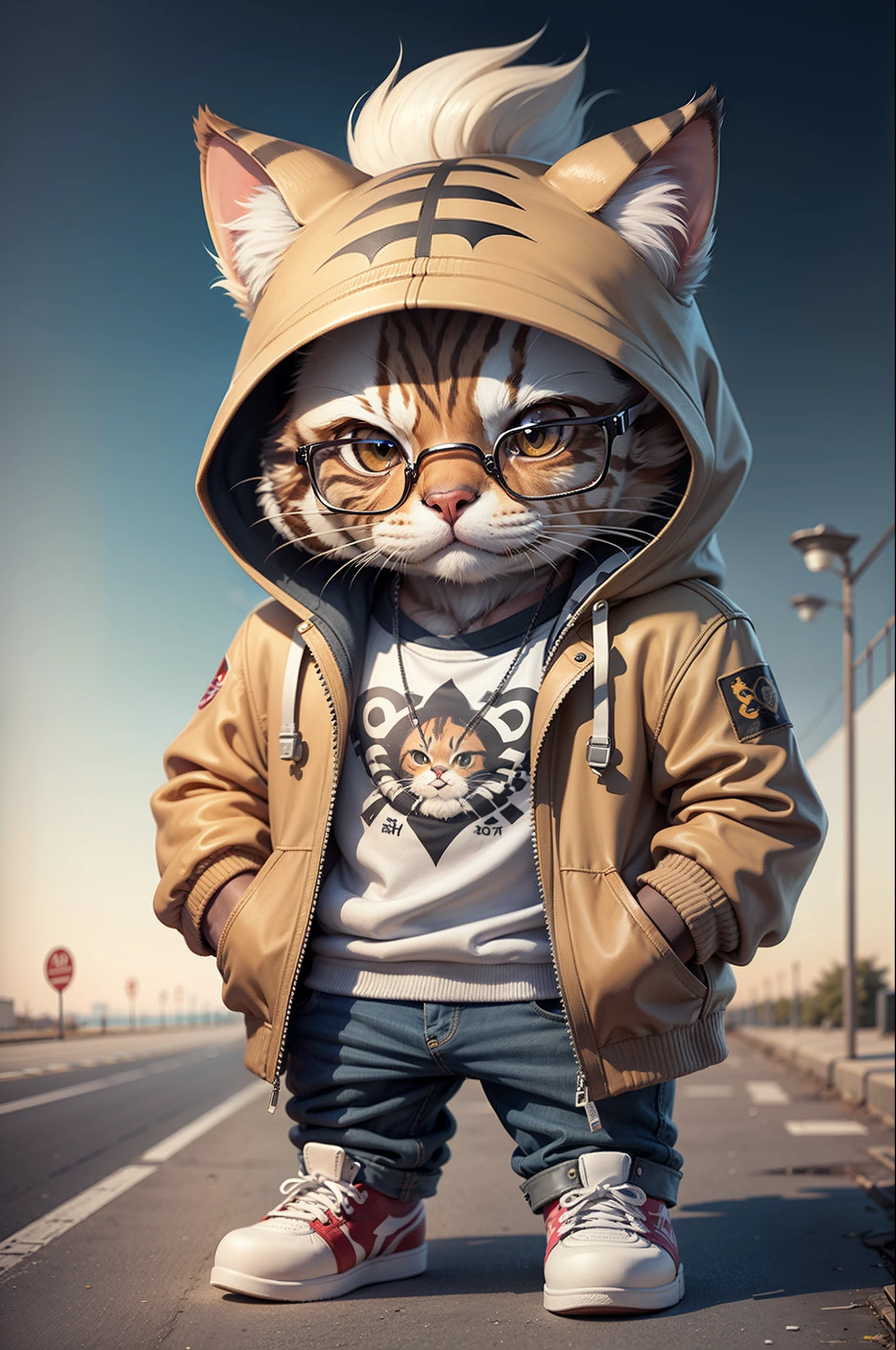 C4tt4stic, Cartoon brown tabby cat in jacket and skateboard, Sunglasses,