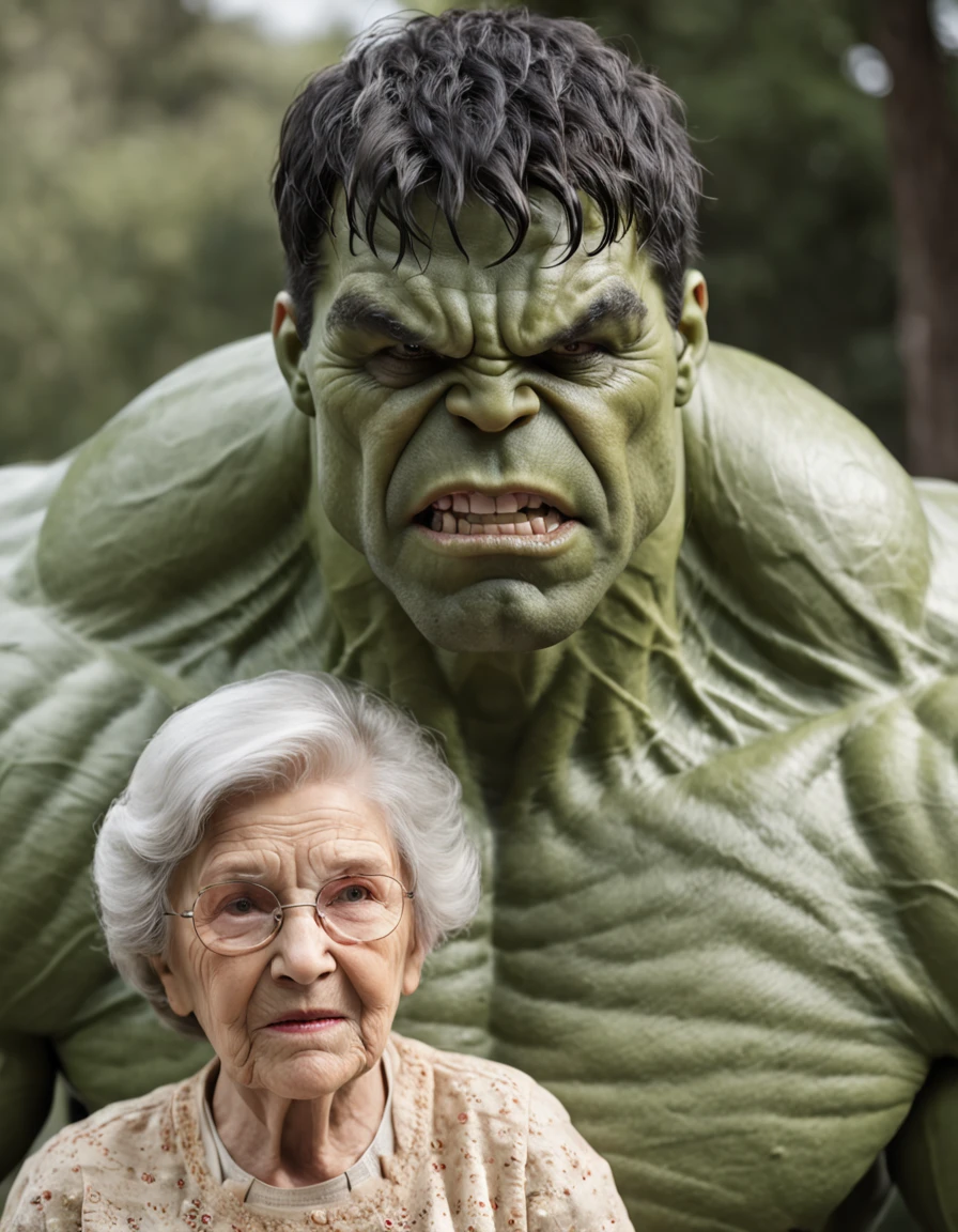 "Detailed depiction of a powerful, muscular, and vibrant green Hulk standing beside his loving grandmother in a heartwarming scene."