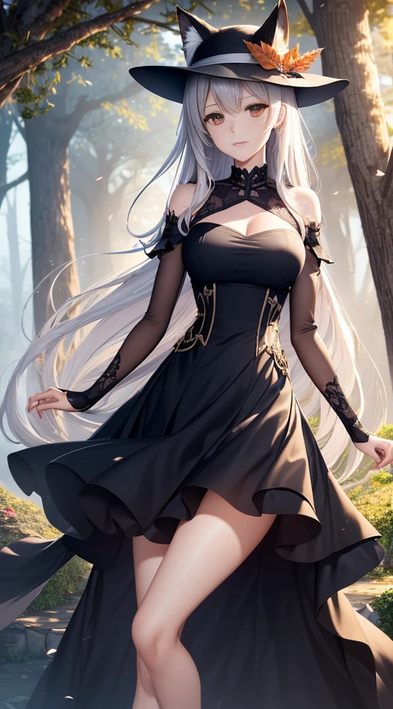 (extremely detailed CG unity 16k wallpaper:1.1), (Denoising strength: 1.45), (tmasterpiece:1.37), A girl in a black dress and a fox hat, An anime work drawn by Kisu, pixiv contest winner, rayonism, made of leaves, soft mist, Mist.