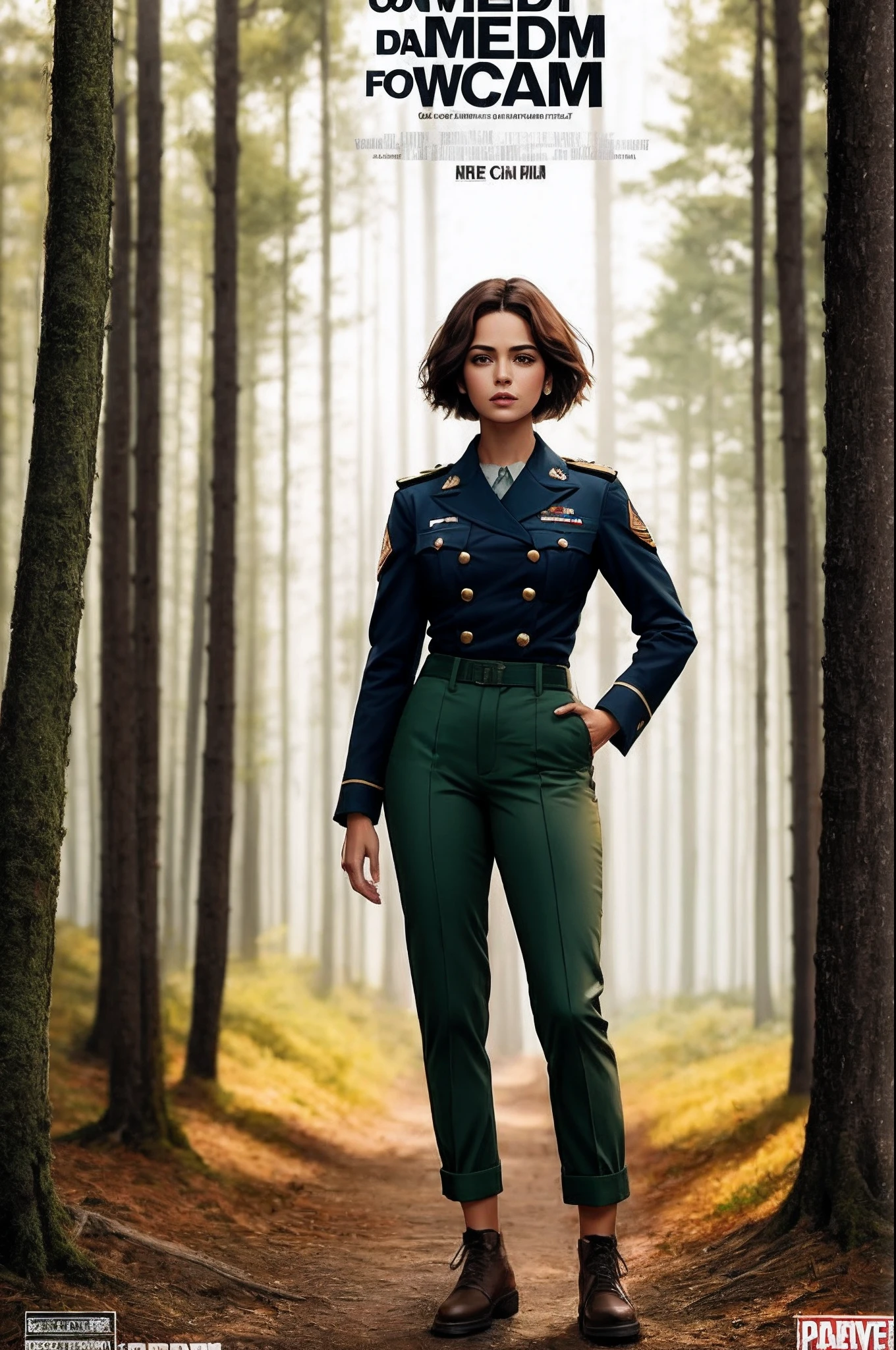Cartaz do filme, Medium-breasted woman, troop green pants, cinto, forest, just one body, cabelo preto