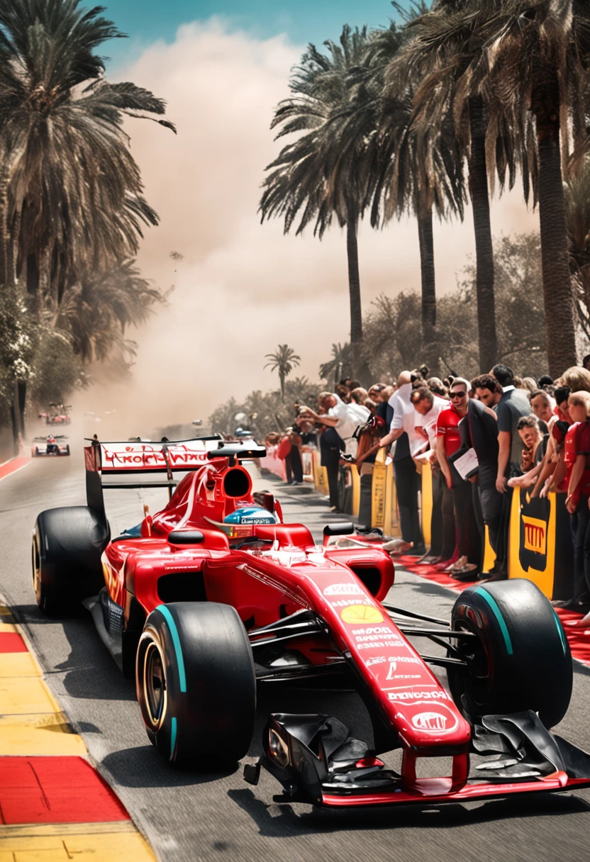 A Formula 1 car walking on the moon