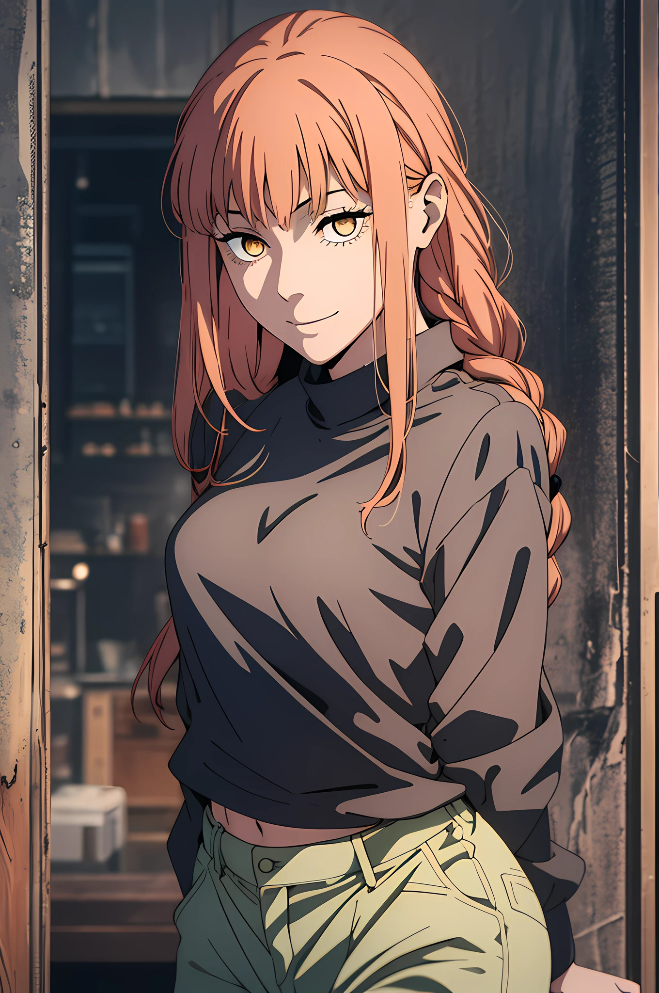 Makima \(chainsaw man\), Tenir un couteau, Pluie de sang, 1fille, seulement, Debout, Cheveux roux, long braided hair, golden eyes, frange, seins moyens, Chemise blanche, attacher, rester, Ils sourient, (be:1.2), Regarder le spectateur, (interview:1.3), background dark, pantalon, Pantalon noir, the best quality, glowy skin, Highest quality, High resolution, ventre