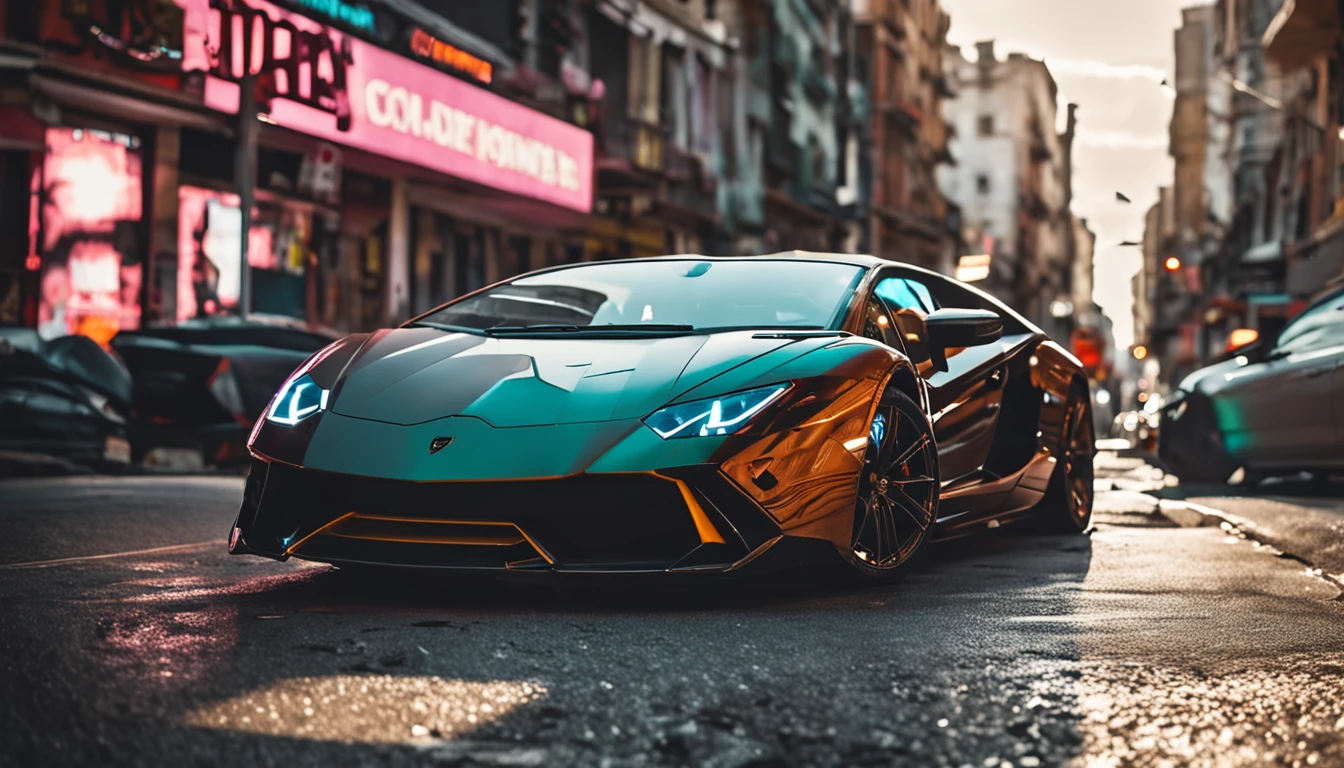 Um close up de um carro Lamborghini estacionado em uma rua da cidade, wallpaper mobile, cinematic poster, papel de parede do telefone, como matriz, cartaz motivacional,cor preta lamborghini carro,  money raining from the sky,cinematic wallpaper 4k, cinematic 4k wallpaper, Matriz LUT, poster!!!, GTA V Estilo Poster, fotografia automotiva, cinematic matte illustration, matte digital illustration, paper awesome wallpaper, cartaz de filme de pintura fosca, gta arte da tela de carregamento, wallpaper mobile