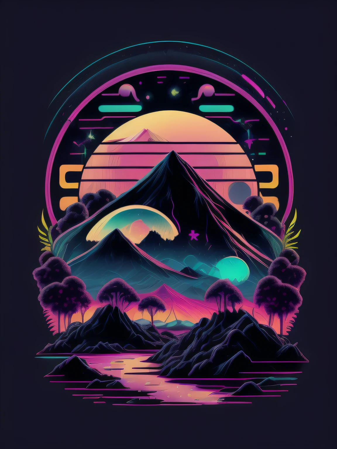 psicodelic, imagem vetorial, design de camiseta, isolado, fundo preto, 2D illustration futuristic japan