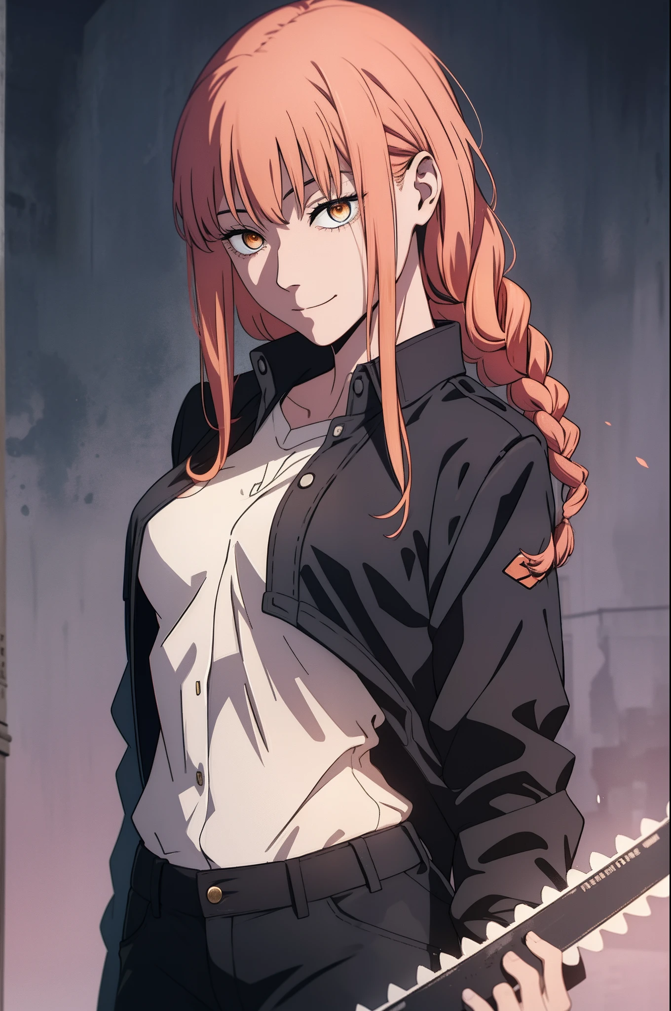 Makima \(chainsaw man\), Tenir un couteau, Pluie de sang, 1fille, seulement, Debout, Cheveux roux, long braided hair, golden eyes, frange, seins moyens, Chemise blanche, attacher, rester, Ils sourient, (be:1.2), Regarder le spectateur, (interview:1.3), background dark, pantalon, Pantalon noir, the best quality, glowy skin, Highest quality, High resolution, ventre