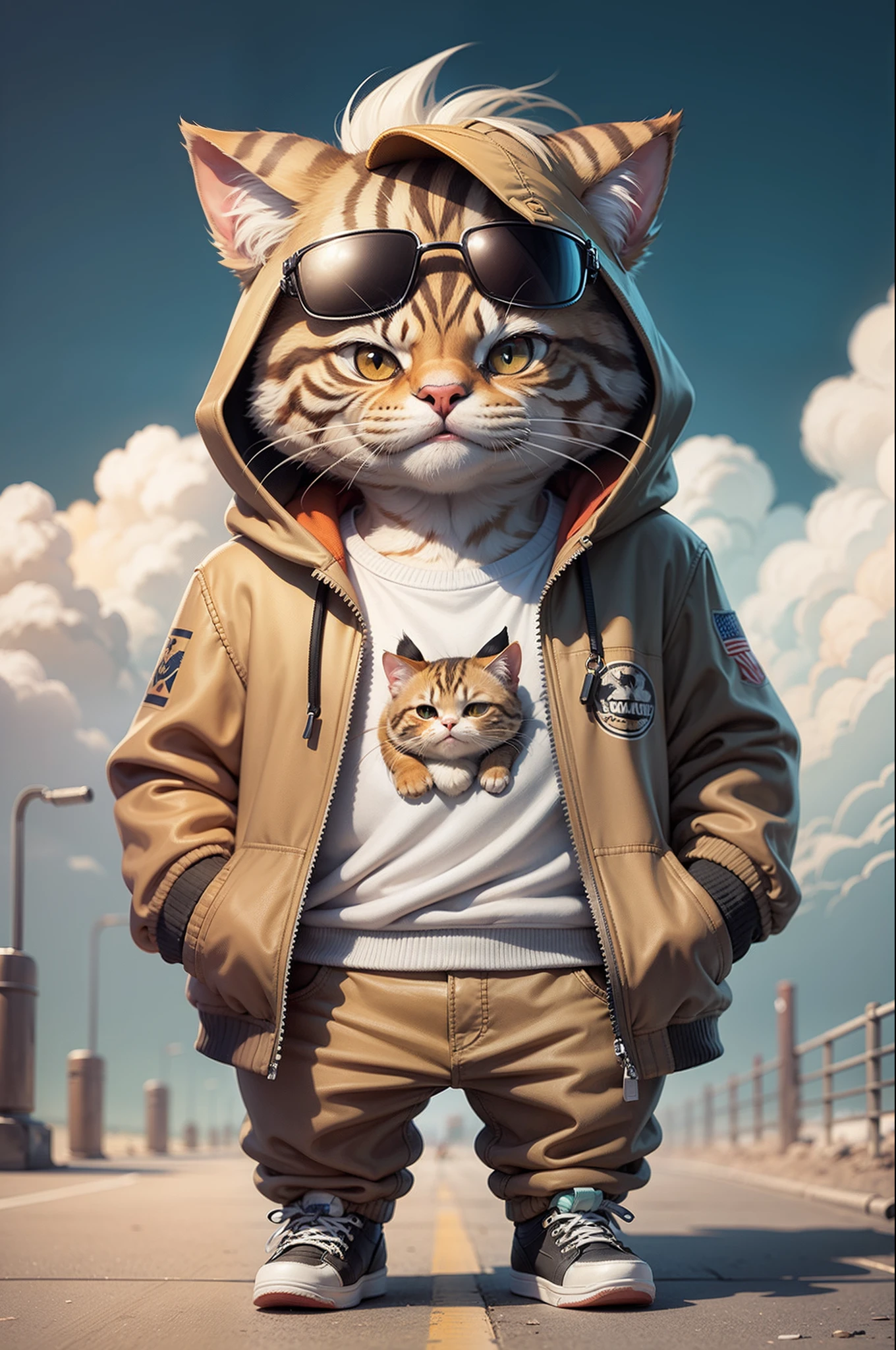 C4tt4stic, Cartoon brown tabby cat in jacket and skateboard, Sunglasses,