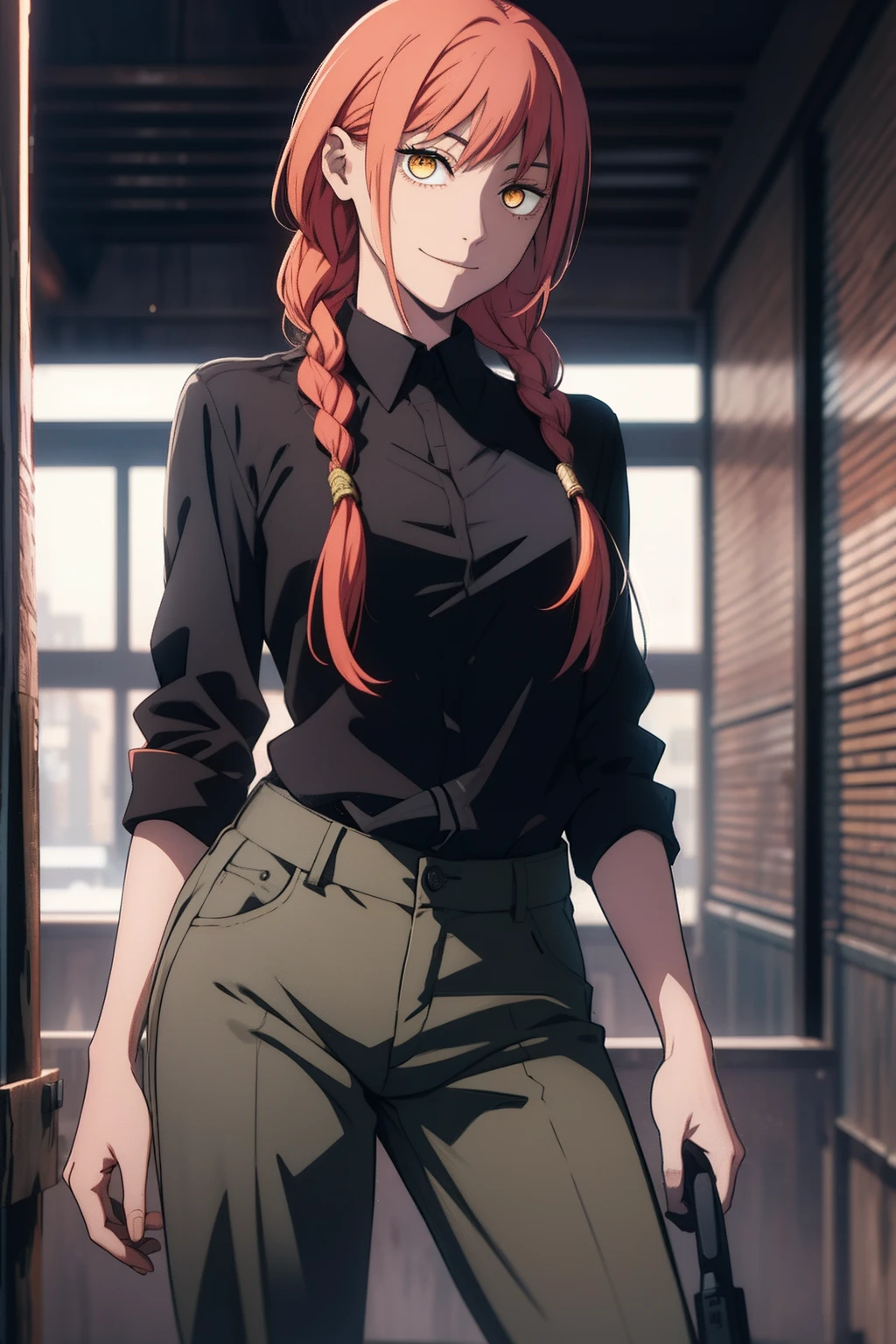 Makima \(chainsaw man\), Tenir un couteau, Pluie de sang, 1fille, seulement, Debout, Cheveux roux, long braided hair, golden eyes, frange, seins moyens, Chemise blanche, attacher, rester, Ils sourient, (be:1.2), Regarder le spectateur, (interview:1.3), background dark, pantalon, Pantalon noir, the best quality, glowy skin, Highest quality, High resolution, ventre