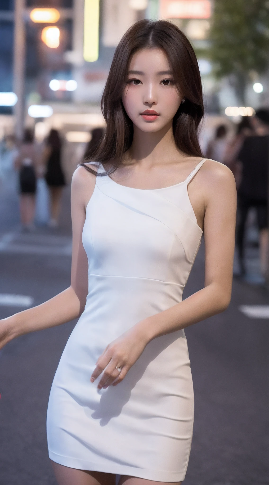 araffe woman in white dress walking down a street at night, wearing white dress, white dress, wearing an elegant dress, photo of slim girl model, gorgeous young korean woman, smooth white tight clothes suit, korean women's fashion model, wearing a white dress, tight dress, woman in dress, wearing a cute white dress, long white dress, wearing along white dress