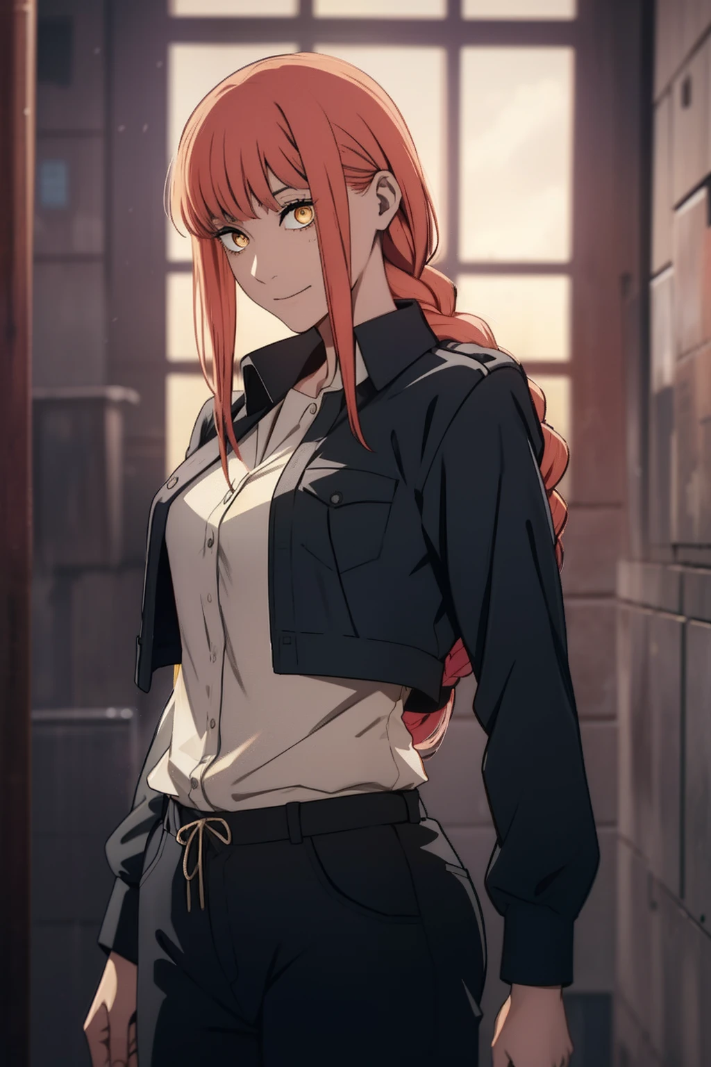Makima \(chainsaw man\), Tenir un couteau, Pluie de sang, 1fille, seulement, Debout, Cheveux roux, long braided hair, golden eyes, frange, seins moyens, Chemise blanche, attacher, rester, Ils sourient, (be:1.2), Regarder le spectateur, (interview:1.3), background dark, pantalon, Pantalon noir, the best quality, glowy skin, Highest quality, High resolution, ventre