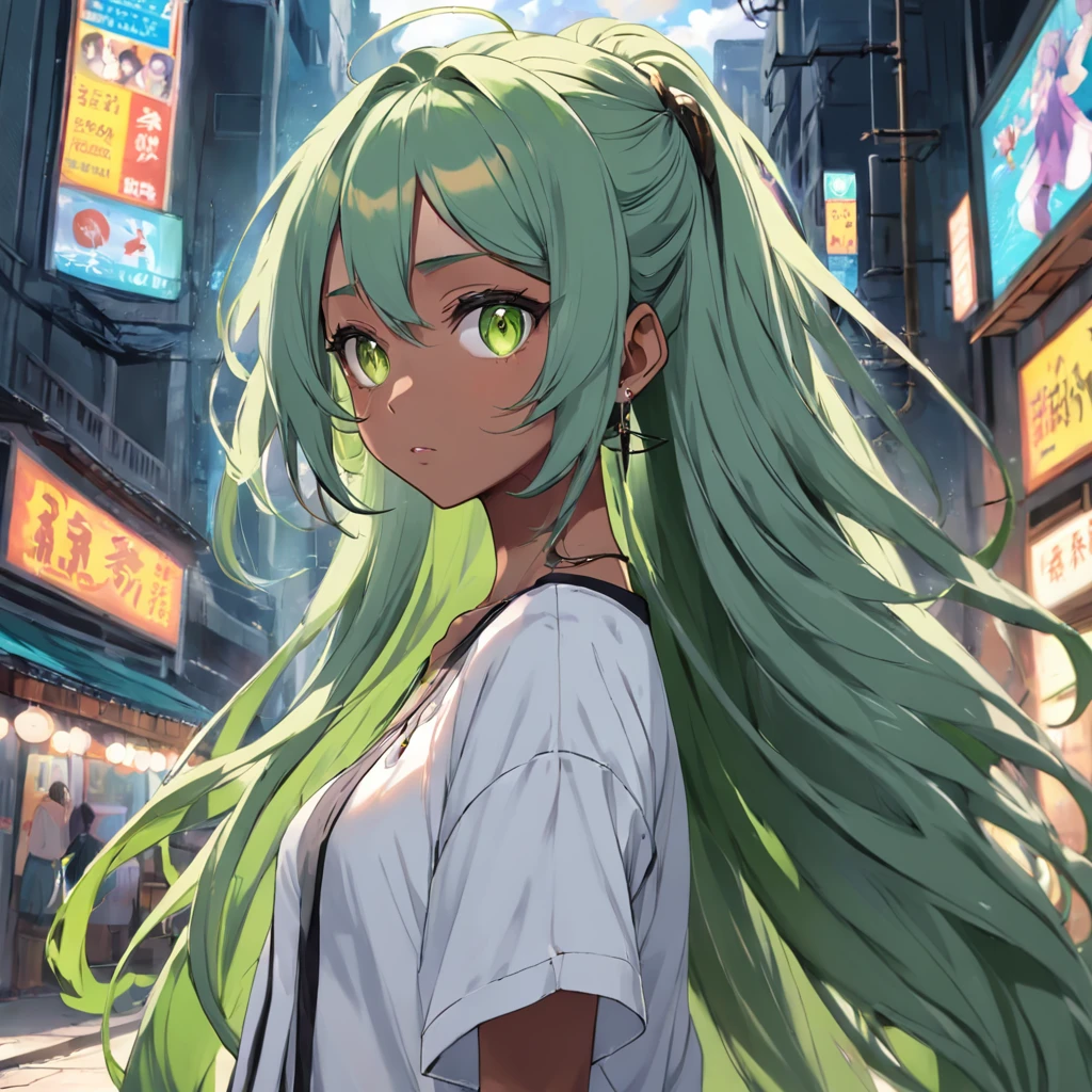 Beautiful anime-style girl, long green hair slightly curly, dark skin, yellow eyes, pants full of pockets, baggy clothes, wide plain white shirt with no print, hoop earrings, eyebrow piercing, voluptuous body