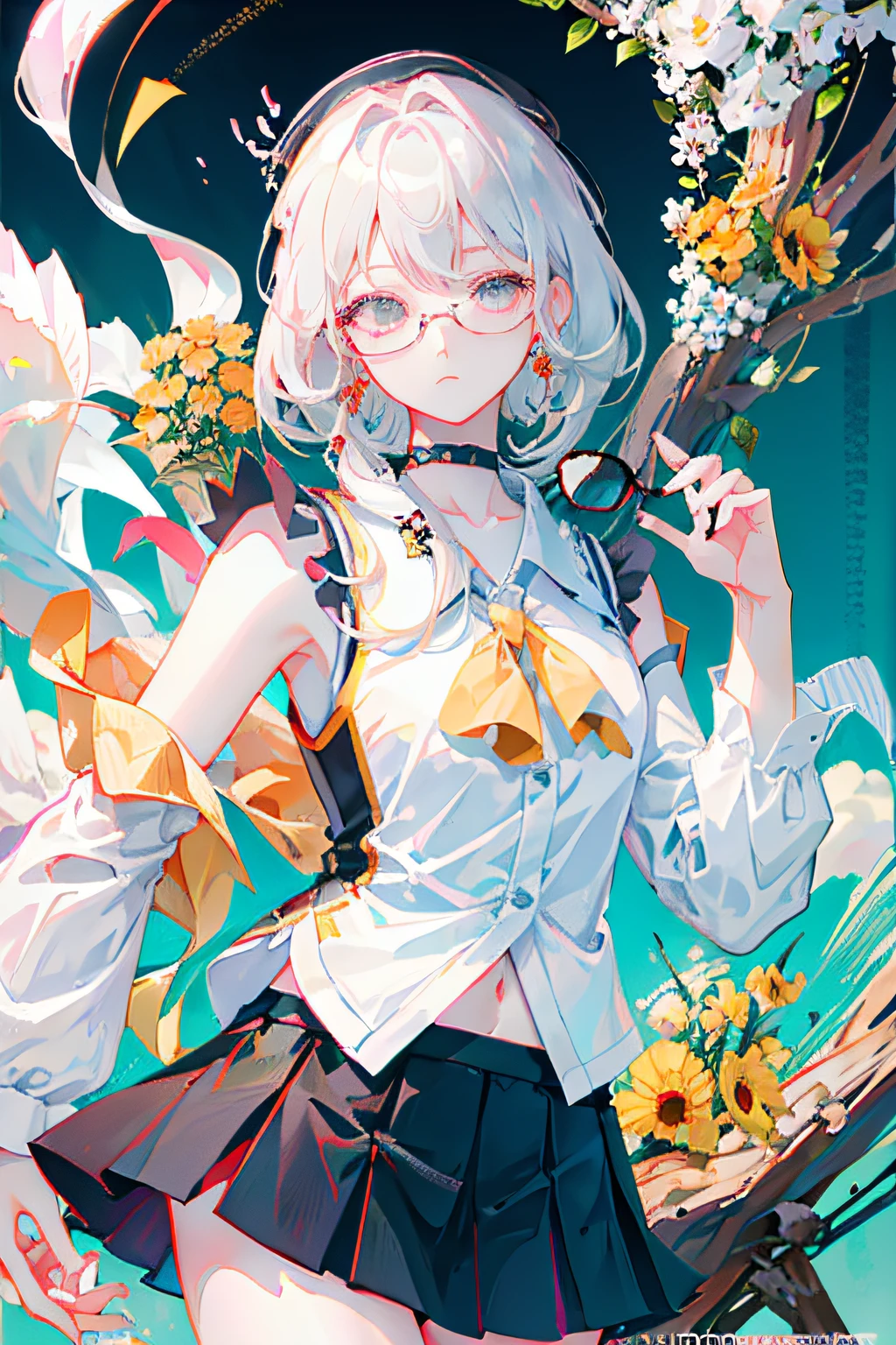 Best quality, 超高分辨率, (Photorealistic:1.4), 1womanl, sleeveless white button shirt, Black skirt, Black choker, ((Glasses)), (Kpop idol), (aegyo sal:1), (Platinum blonde hair Gray hair:1), ((Puffy eyes)), view the viewer, full bodyesbian, Flowers