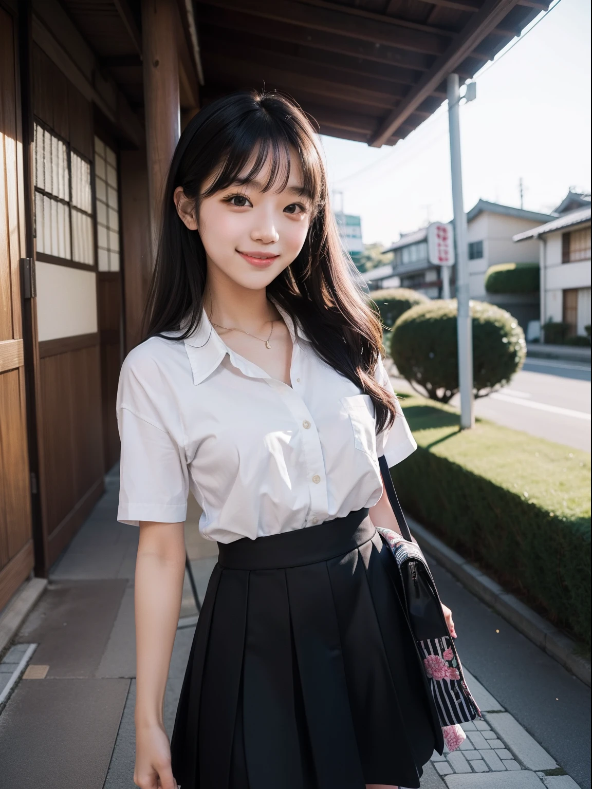 Summer High School Girl、Portrait of smiling woman、Woman with dark hair、Beautiful Japan high school girl、early evening、takeout、Coming out of the house、standing outside、Smile