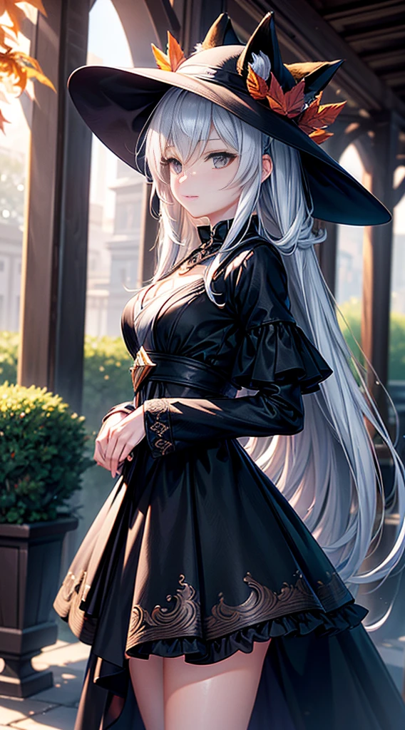 (extremely detailed CG unity 16k wallpaper:1.1), (Denoising strength: 1.45), (tmasterpiece:1.37), A girl in a black dress and a fox hat, An anime work drawn by Kisu, pixiv contest winner, rayonism, made of leaves, soft mist, Mist.