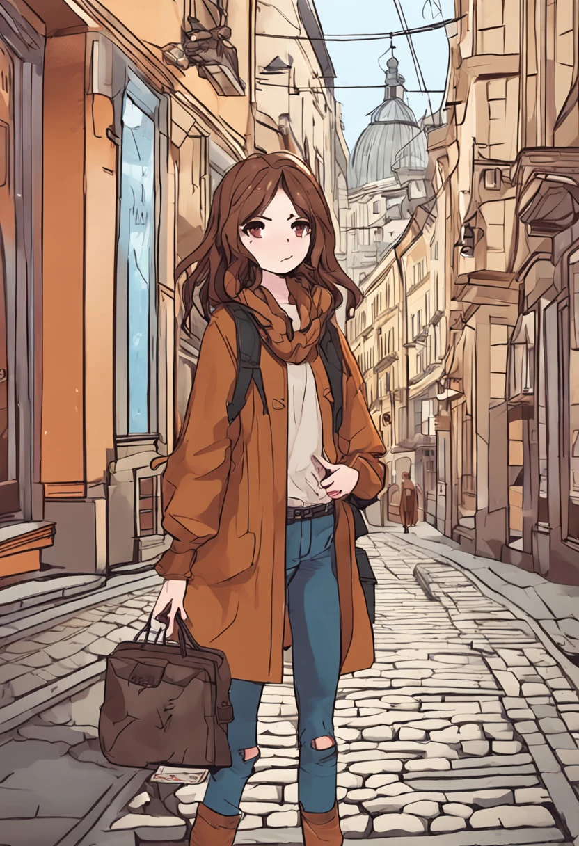 Anime girl with brown hair stay in front of Lviv city center