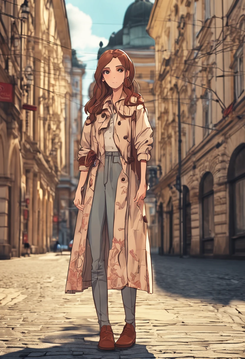Anime girl with brown hair stay in front of Lviv city center