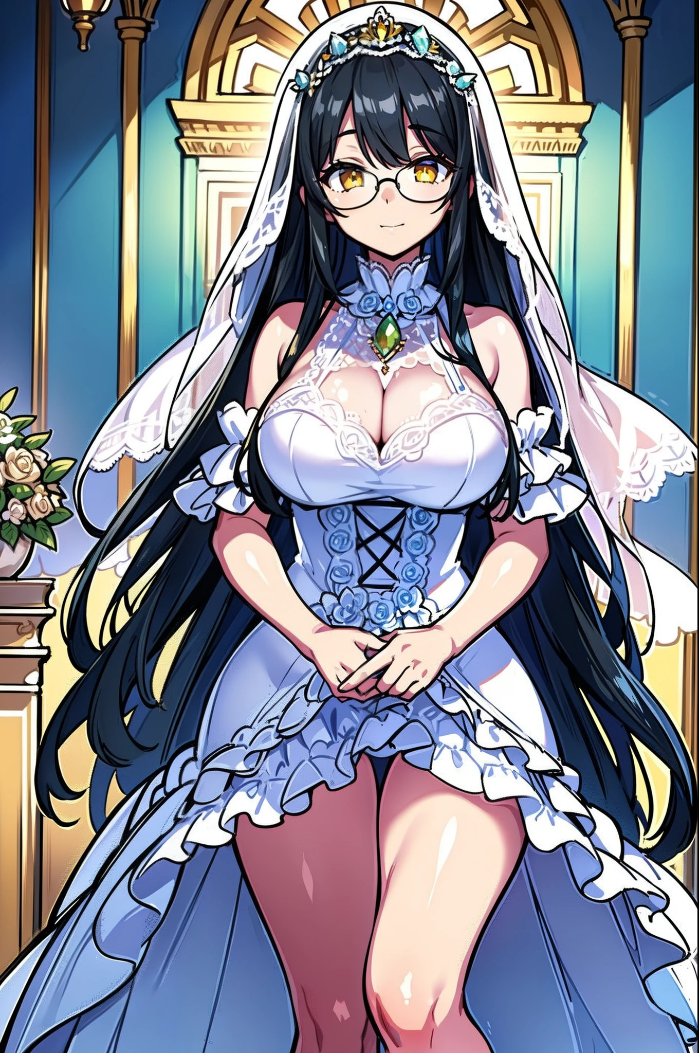 masterpiece,(bestquality),highlydetailed,ultra-detailed, light, romantic,1 rapariga,{black hair} (long whitr hair)(Lateral hair)(Shawl hair)(hair straight),(glasses),(Yellow eyes),,(fleshy feeling),(fleshy legs), ((An expression of happiness))in a baroque architecture palace, with golden hour lighting, beautiful bride in a wedding dress, elegant lace details, soft pastel colors, flowers and greenery, flowing veil, happy and joyful atmosphere, breathtaking beauty
