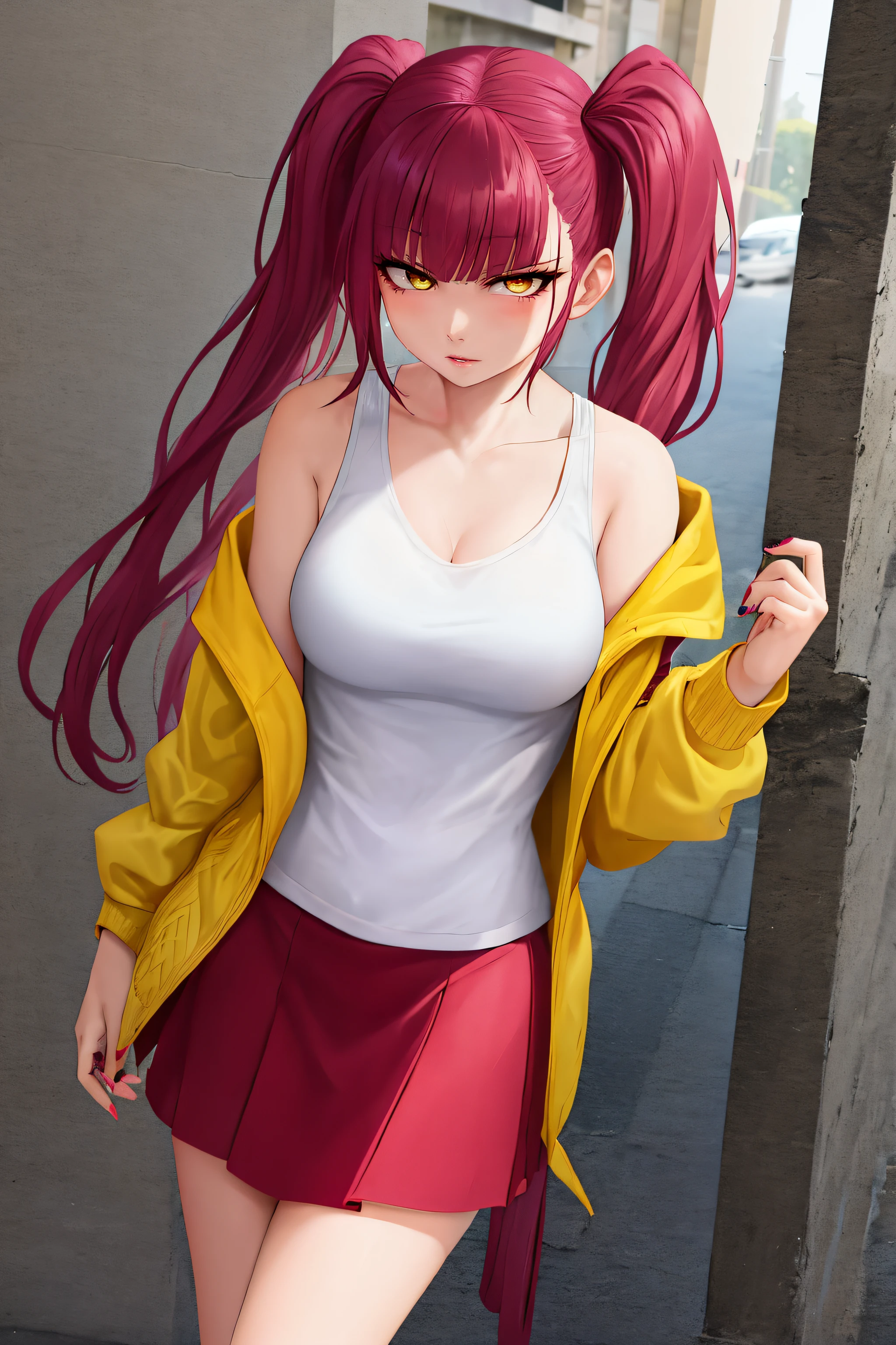 "Riruka, solo, one girl, detailed orange eye, detailed face, woman in her 20s, stands confidently in a serene town street. wearing a yellow jacket, a yellow jacket, wearing a white tank top, white tank top, wearing a red skirt, wearing a red skirt, nails painted green, angry expression, tsundere, resting bitch face. Twintails,