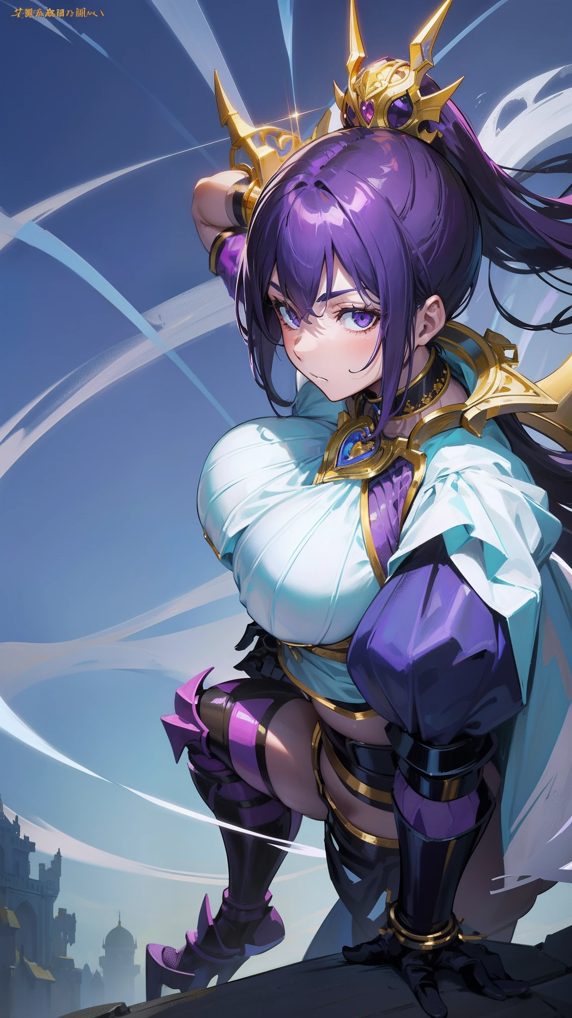 Woman in purple suit with golden sword and gloves, biomechanical oppai, Iouri Misaki, Fille des Chevaliers du Zodiaque, Version SFW, armure de bikini femme chevalier, geste de pose pudica sexy, Ornate bikini armor, Bikini-Armure