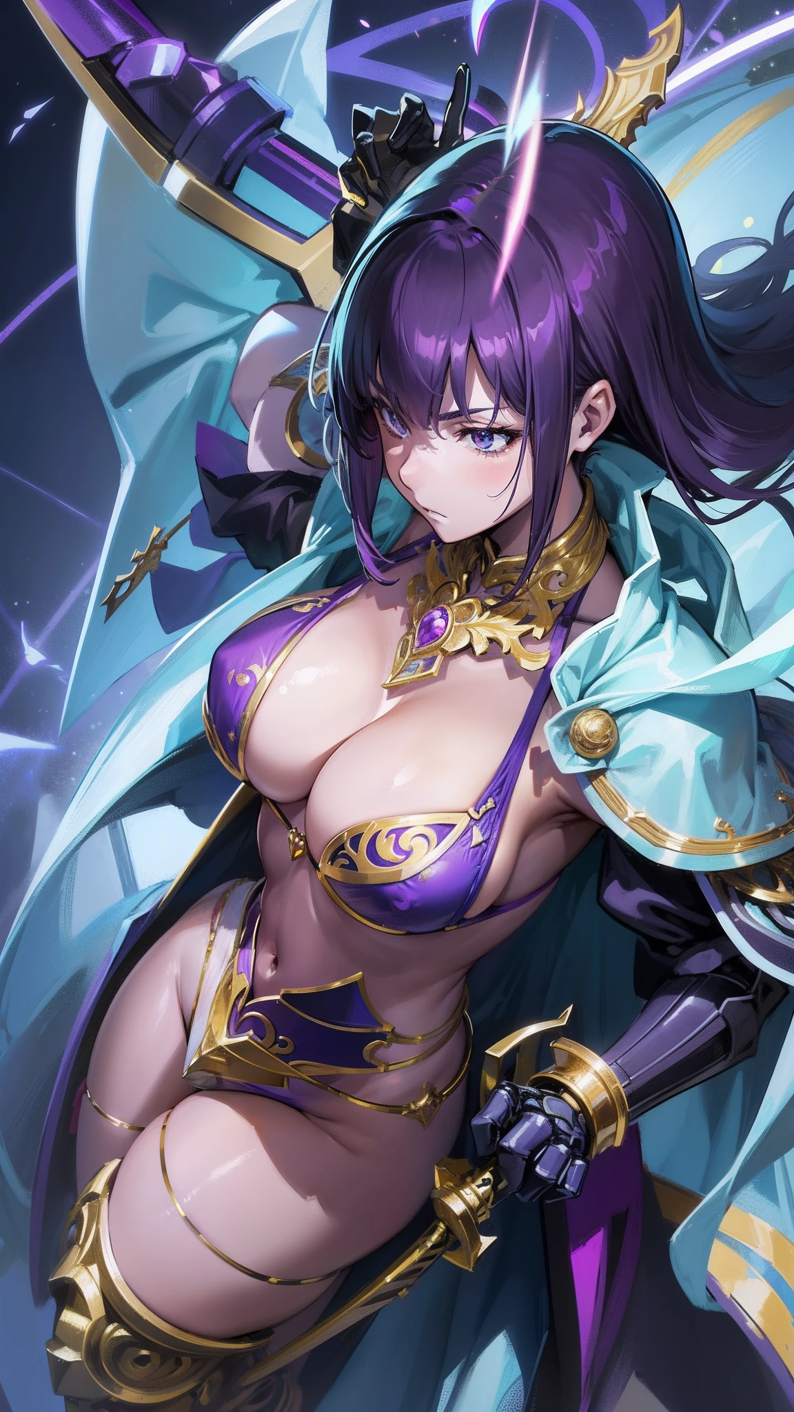 Woman in purple suit with golden sword and gloves, biomechanical oppai, Iouri Misaki, Fille des Chevaliers du Zodiaque, Version SFW, armure de bikini femme chevalier, geste de pose pudica sexy, Ornate bikini armor, Bikini-Armure