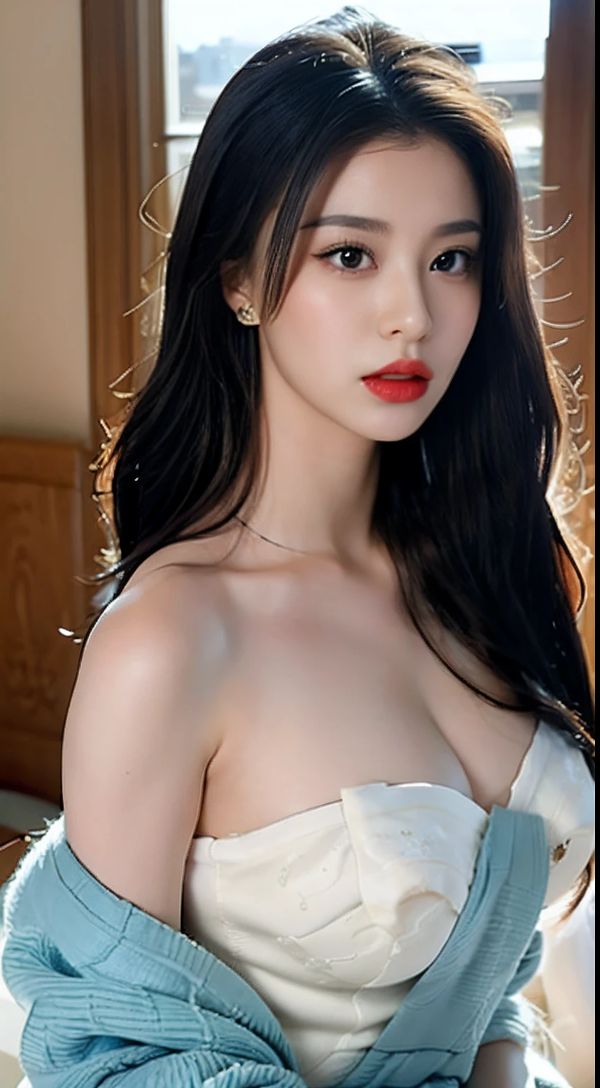 1 Beautiful girl in beautiful Hanfu, (White lace underwear),(At the bedside,The face is charming),(White silk pantyhose,Lace),There are many yellow patterns, Long hair brown (huge tit,cleavage),beautiful hair ornaments, Nice face Cute face, Perfect face, Earring jewelry, Antique jewelry, large black eyes, Sharp eye makeup, Detailed eyelash makeup, Thin eyebrows, High nose, Nice red lips, no smile, pursed lips, rosycheeks, Large bust, Large bust, well-proportioned bust, Slim waist, Red mesh stockings,black border , chinese hanfu style, Fictional art patterns, vivid and real colors, RAW photo, Real photos are realistic, ultra high quality 8k surreal photos, Cool photos, (Virtual light effects: 1.4), 10x pixel, Magic effects (Home background,Bedrooms): 1.4), (hyper detail eyes: 1.4), (Eyelids): Eyes): Red: 1.4), (black eye pupil: 1.8)Beautiful girl portrait, lone girl, ancient hanfu background, head straight-looking at viewer, Wide original image, 8K quality, Super sharp , Most detailed、The sharpest image, Detailed bright background,