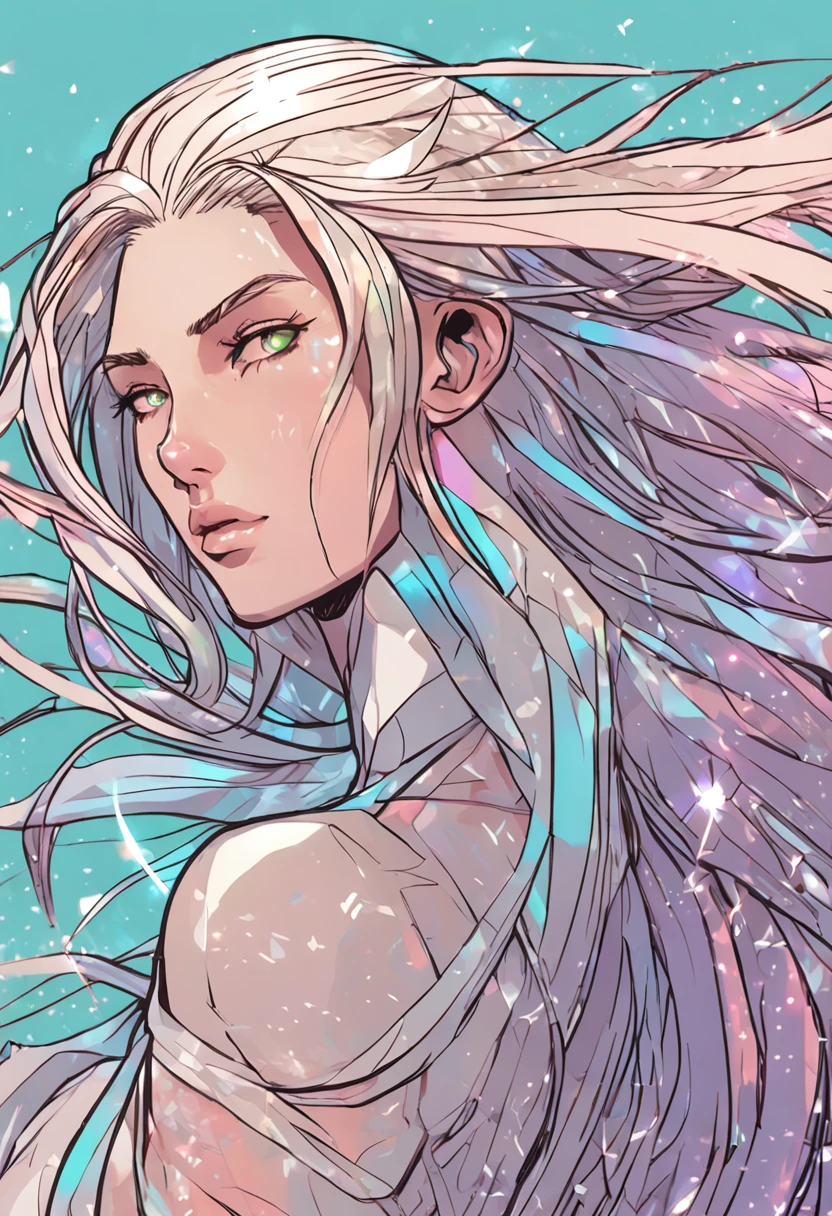 alta qualidade, 8k ultra hd |, super detalhado,Crie um personagem chamado Iridescent Selenite Hair Thor com um efeito de brilho suave, in the artistic style of 'Houseki no Kuni'.