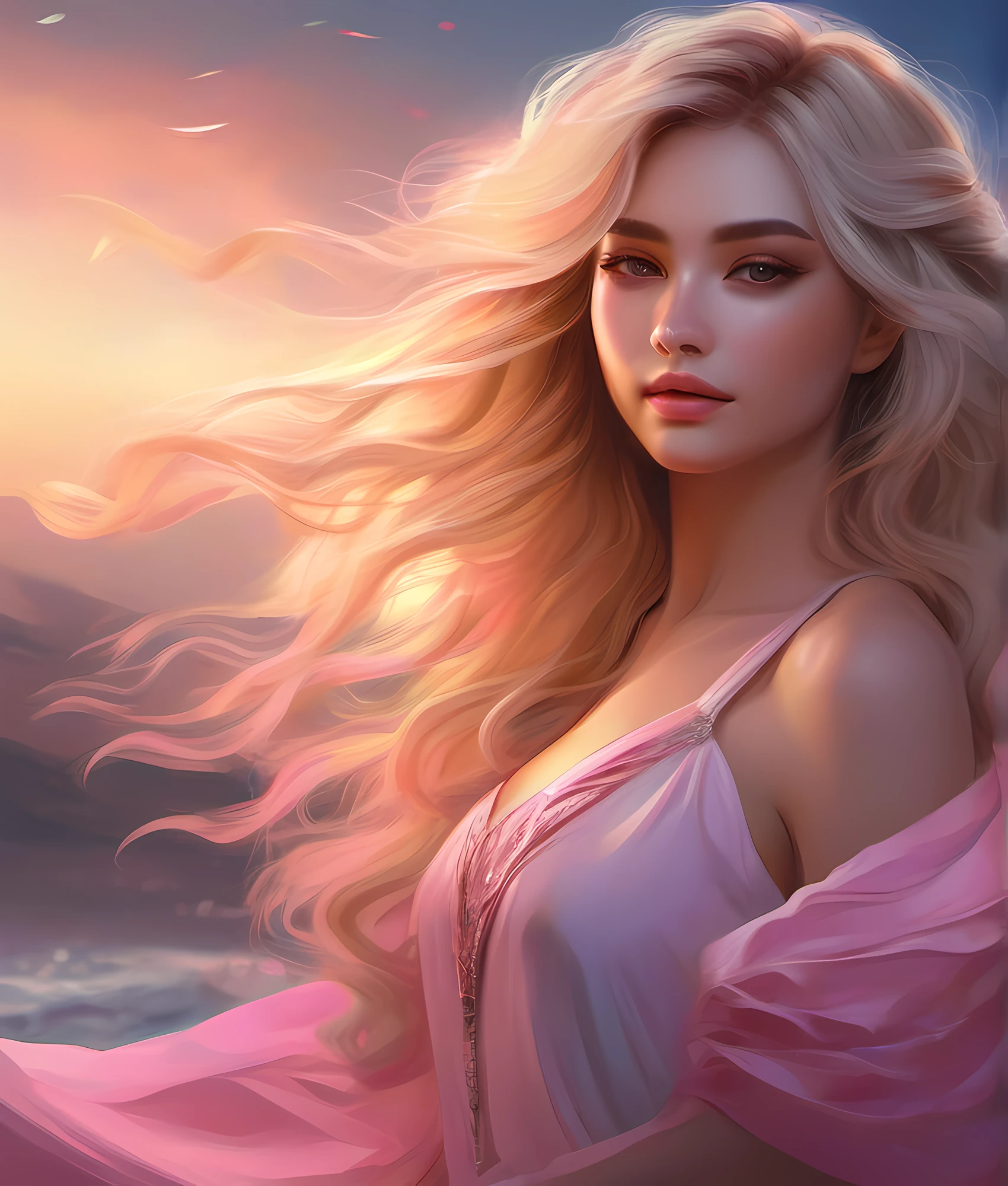(a painting of a woman with long hair), digital art, inspired by Ross Tran, long fluffy blond curly hair, soft sunset lighting, beautiful art uhd 4k, detailed dress and face, pink girl, realistic cute girl painting, magali villeneuve' wavy hair, ultra realistic cartoon, wind kissed picture, sakimichan