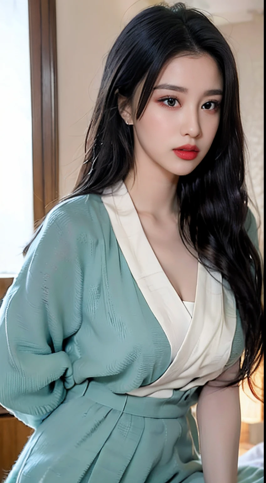 1 Beautiful girl in beautiful Hanfu, (White lace underwear),(At the bedside,The face is charming),(White silk pantyhose,Lace),There are many yellow patterns, Long hair brown (huge tit,cleavage),beautiful hair ornaments, Nice face Cute face, Perfect face, Earring jewelry, Antique jewelry, large black eyes, Sharp eye makeup, Detailed eyelash makeup, Thin eyebrows, High nose, Nice red lips, no smile, pursed lips, rosycheeks, Large bust, Large bust, well-proportioned bust, Slim waist, Red mesh stockings,black border , chinese hanfu style, Fictional art patterns, vivid and real colors, RAW photo, Real photos are realistic, ultra high quality 8k surreal photos, Cool photos, (Virtual light effects: 1.4), 10x pixel, Magic effects (Home background,Bedrooms): 1.4), (hyper detail eyes: 1.4), (Eyelids): Eyes): Red: 1.4), (black eye pupil: 1.8)Beautiful girl portrait, lone girl, ancient hanfu background, head straight-looking at viewer, Wide original image, 8K quality, Super sharp , Most detailed、The sharpest image, Detailed bright background,