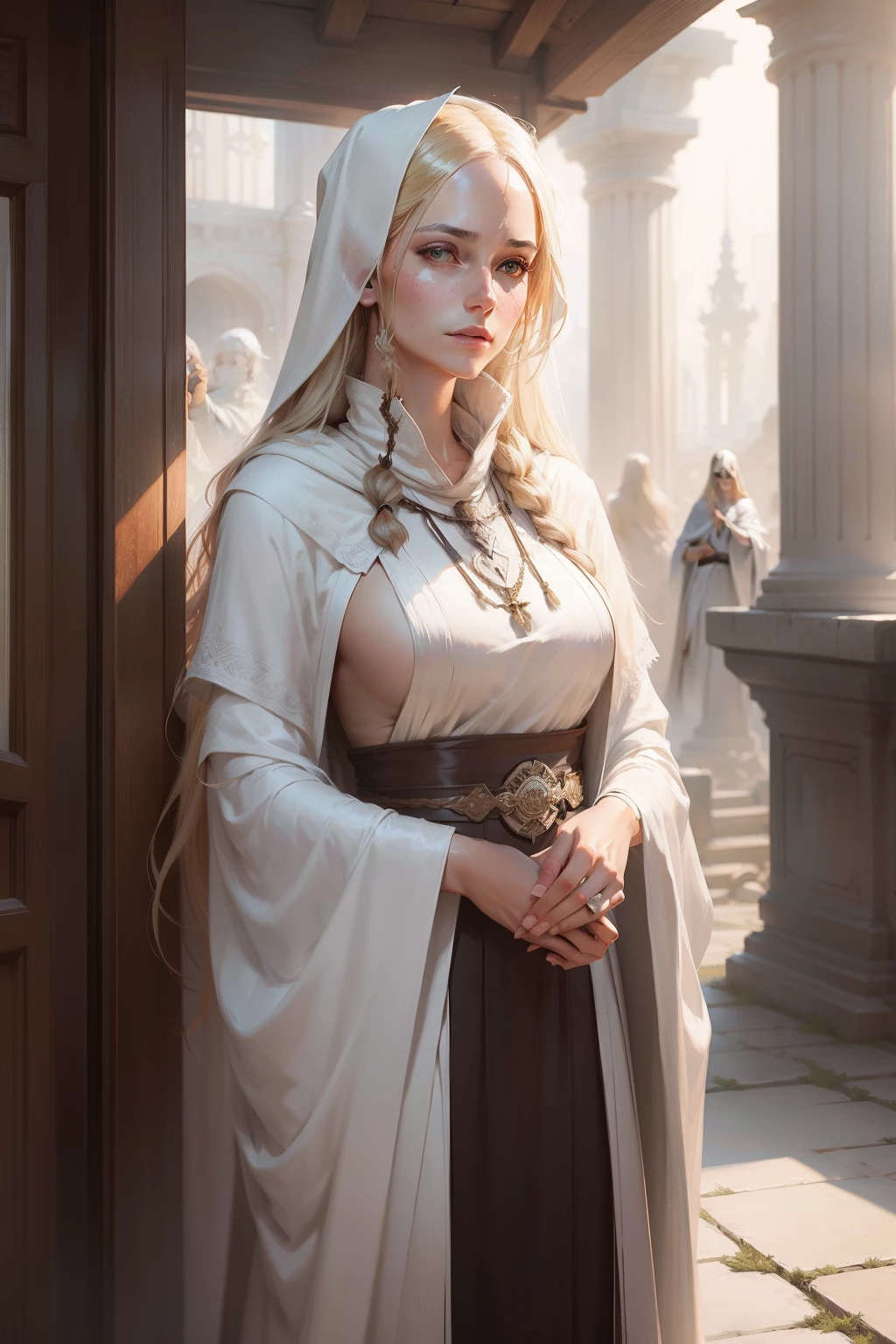 portrait of one female,the ancient priest, blonde ,long hair，white shawl and onepiece,outside,art by Greg rutkowski ,on trending of artstation