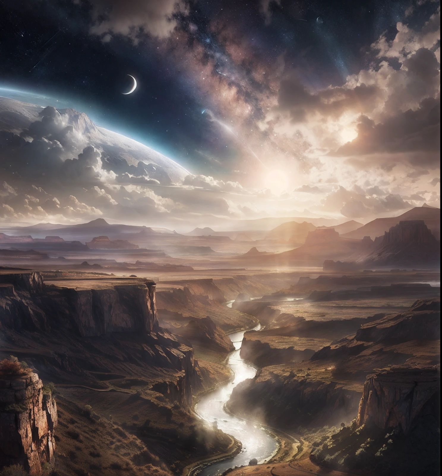 Vista ararísta, of a river crossing a valley with a moon in the sky, alien breathtaking landscape, epic dreamlike fantasy landscape, beautiful alien landscape, landscape of an alien world, stunning alien landscape, sci-fi fantasy wallpaper, paisagem do planeta, Space landscape, paisagem scifi grande angular, a view of alien landscape, Sci-Fi Fantasia Desktop Wallpaper
