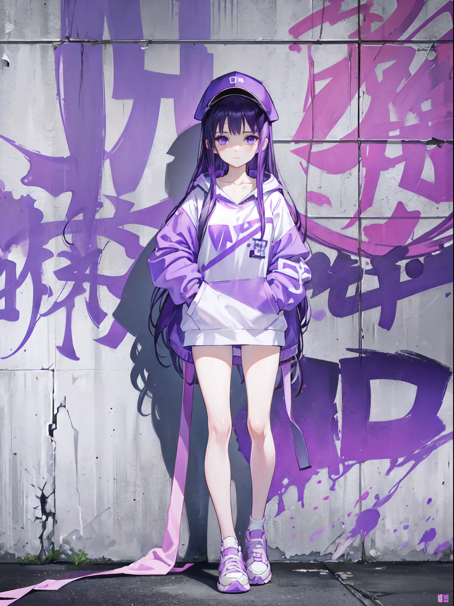 Hinata hyuga from Naruto , lavander eyes, 1 girl,violet and white, purple and white, pastel violet and purple, wearing a street wear,sneakers, cap, standing behind the wall, spray paint, high quality, best quality, masterpiece, ultrasharp, 8k resolution, centered, looking at the viewer