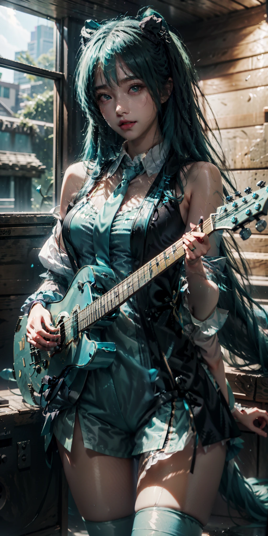 miku hatsune, 1girl in, Hatsune Miku, Solo, Long hair, musical instrument, Guitar, thighs thighs thighs thighs, , Twin-tailed, aqua hair, Detached sleeves, electric guitar, Very long hair, aqua eyes, amp, Realistic, neck tie, large full breasts, Beautiful lips