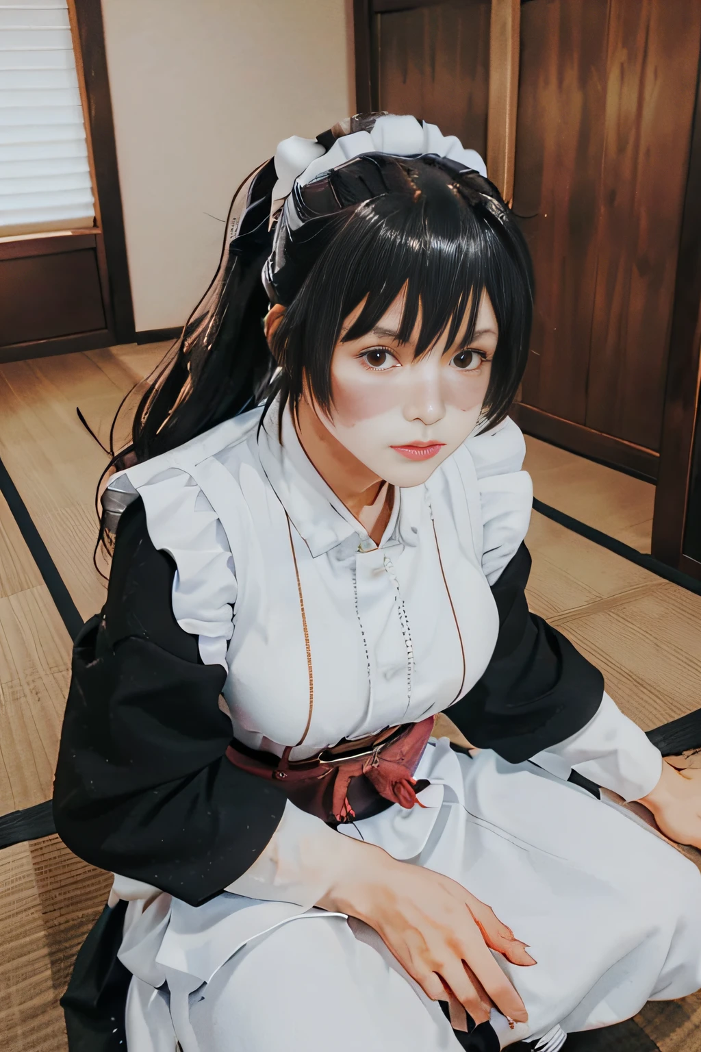 masutepiece, 1girl in,(((Maids)))、(((maid clothes)))、 Long hair, Black hair, Solo, Bow, Hair Bow, looking straight, Komono, Brown eyes, Scar, Kimono, (((((facial scar))))), Looking at Viewer , White kimono, Upper body, Pony tail, scar on cheeks, (((Hakama skirt))), ((Red Hakama)), white bow, Closed mouth, blush, Scars on the nose, bow ribbon, Long sleeves, Standing, Full body, long boots, Wide sleeves,Tatami mats,traditional Japanese room, Upper body, Smile, Sitting, Large breasts