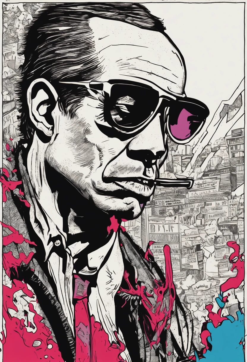 painting of a man with a cigarette and a hat with graffiti on it, inspired by Dong Kingman, butcher billy style, movie poster character, pulp comic style, by Mario Cooper, pulp character portrait, drawn in a neo - noir style, movie poster style, pop art masterpiece, colourful movie art, movie illustration, art in the style of joshy sly, comicbook style