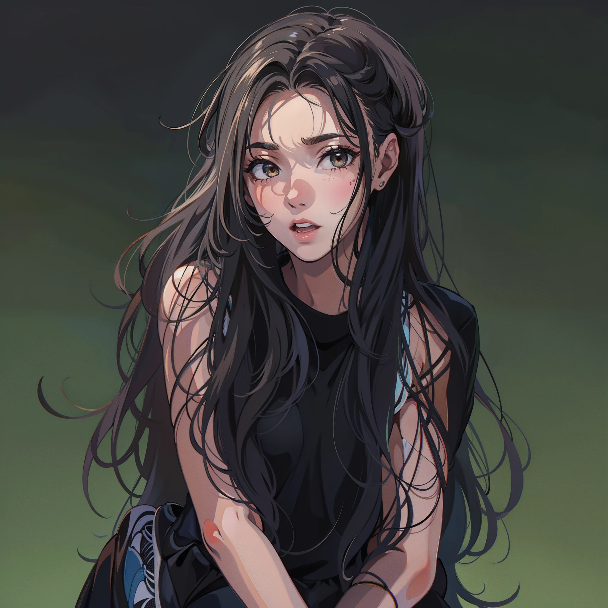 19-year-old girl,wearing a black dress,athletic sneakers,Loose hair,Face details