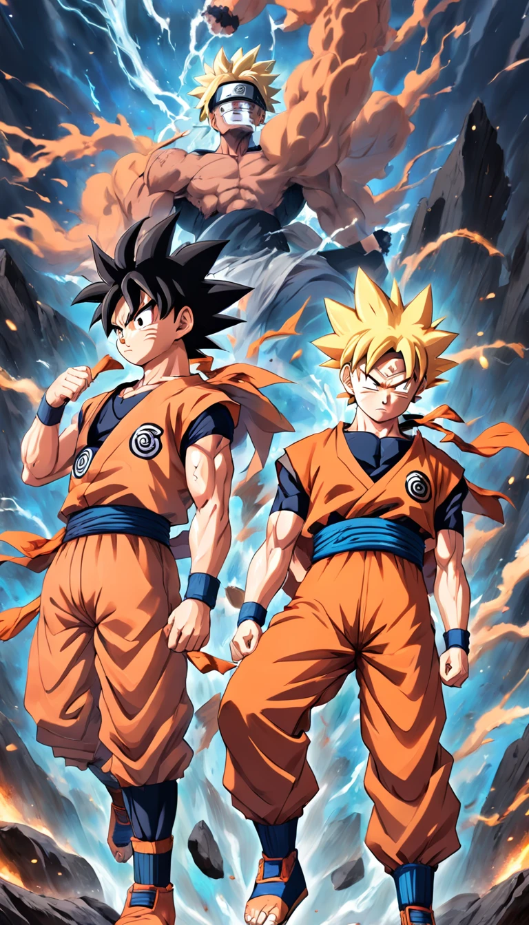 Goku e Naruto com suas roupas tradicionais lutando um contra o outro , estilo anime , Scenario with destruction , melhor qualidade , imagens sem deformidades , perfection , obra prima