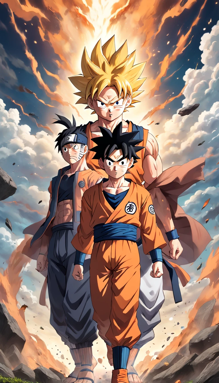 Goku e Naruto com suas roupas tradicionais lutando um contra o outro , estilo anime , Scenario with destruction , melhor qualidade , imagens sem deformidades , perfection , obra prima
