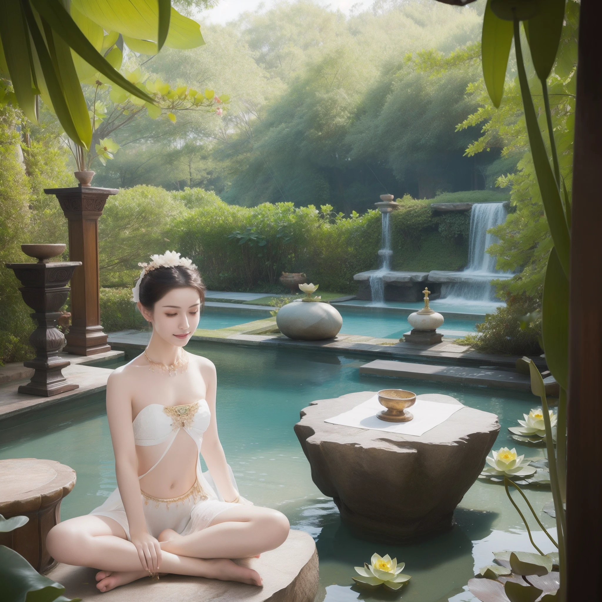 naked fairies sit on lotus pedestals to meditate，（Yoga lotus sitting），（Perfect，Delicate and good-looking face），（Get wet all over your body）