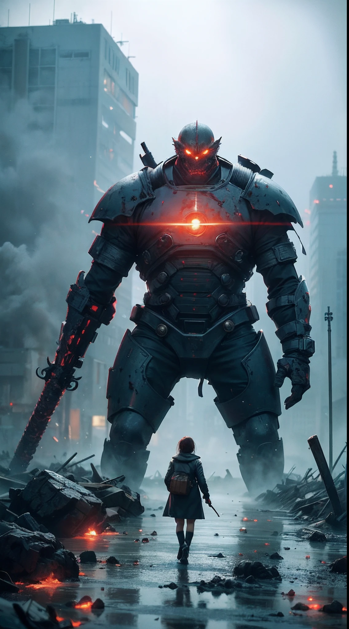 Best Quality, masutepiece, Ultra-high resolution, 3 super-huge and ferocious monsters（Huge soldiers），Hidden in thick fog，Realistic style，terrifying atmosphere，bloody red eyes, broken streets, Broken city, the ground is covered with gravel, Scattered with coral reefs,sea surface,New Tokyo sunk into the sea,Japan Invaders, Tokyo Landmark，Hopeless doomsday，8K, Cinematic scenes, Perspective from above (light and shadow effect),(depth of field effect),(Tyndall),(Optical particle tracking),(nffsw),(Horror movie lighting visuals),(voluminetric lighting),(Bright colors)，Sea giant，An abandoned city stained by the sea、photoRealstic、Cinematic、