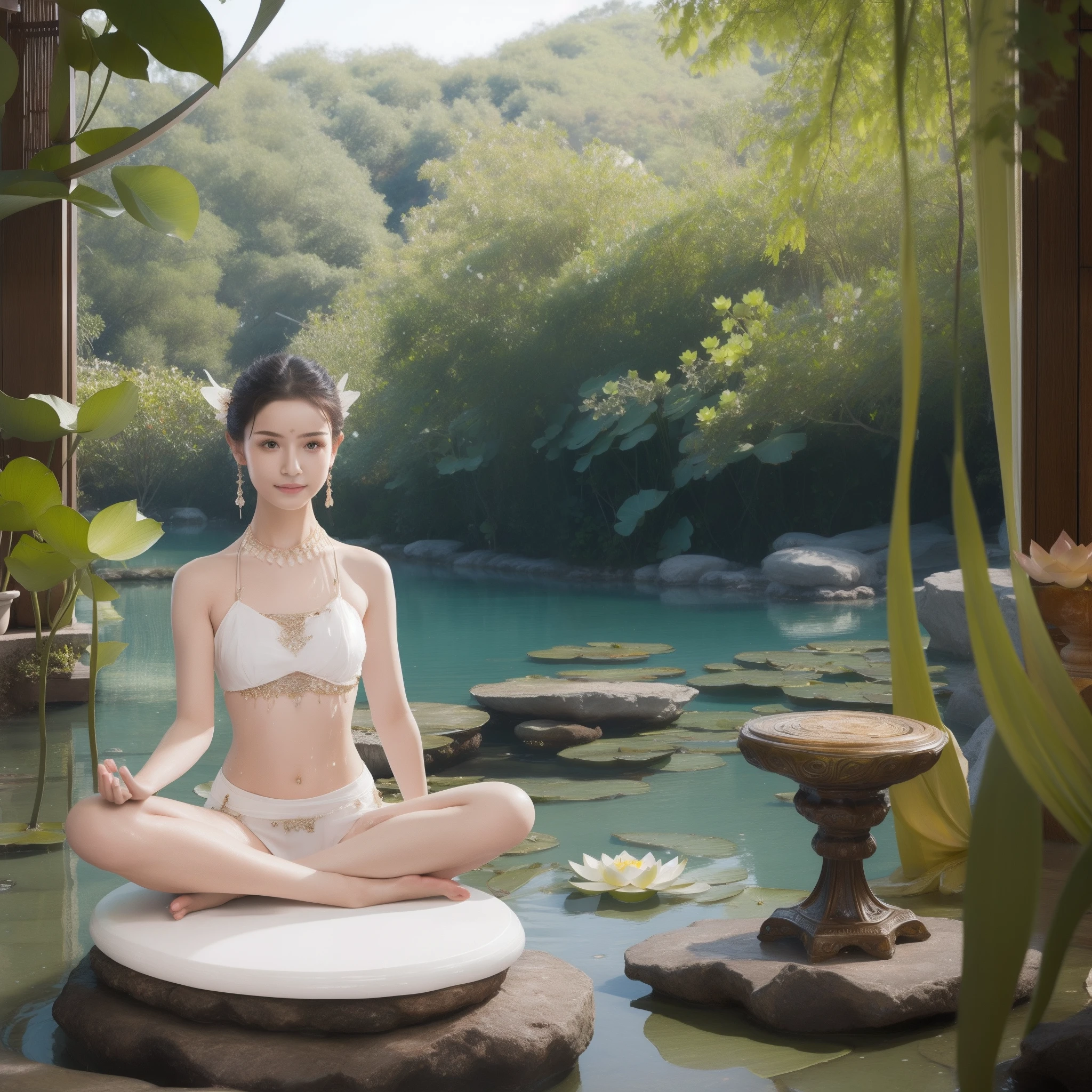 naked fairies sit on lotus pedestals to meditate,(Yoga lotus sitting),(Perfect,Delicate and good-looking face),(Get wet all over your body)