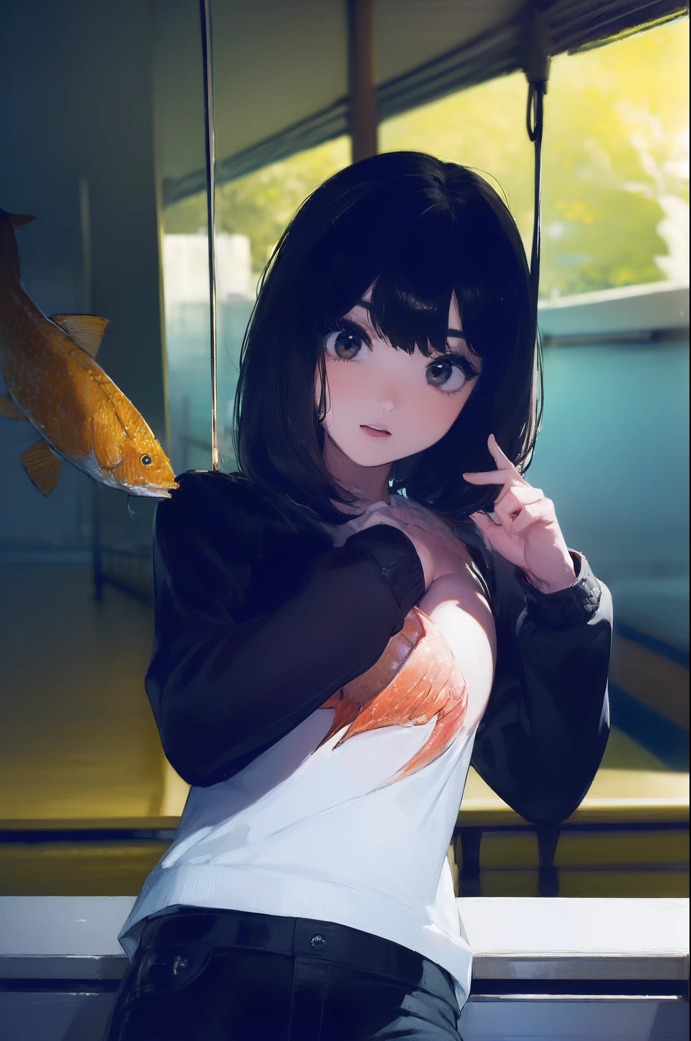 ((((catching a big fish by the lakeside:1.5)))),((Female 28 years old)),((Best Quality:1.5)),(((Hands with the correct number and structure of fingers:1.4))),((Big fish:1.37)),hight resolution,ultra-detailliert,​masterpiece,best qualtiy,(Eight-headed body),Black hair, long eyes-lashes, Solid Circle Eyes, drop shadow, Atmospheric perspective,Super Detail, ccurate, small brest,(Black jacket and black jeans :1.1),top-quality, blurry backround, bokeh dof:1.2, (​masterpiece:1.3),  Atmospheric perspective,Super Detail,dynamic compositions,