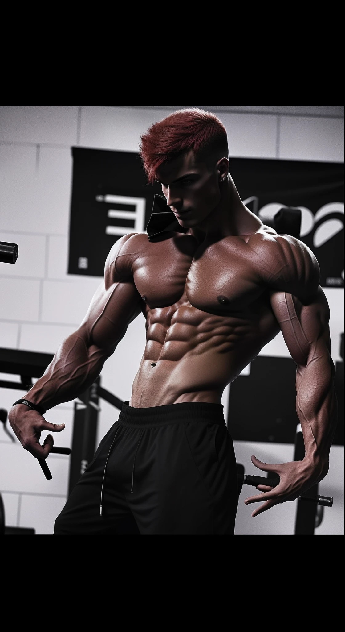 Arads，in  the gym,Red hair， Ripped, fit physique, Shredded, ripped to shreds, bodybuilder physique, Born with a constitution, exaggerated muscle physique, exaggerated physique, Bulging muscles, Super buff and cool, slender and muscular build, Fitness model, Strong chest, musculous, Perfect muscle structure, Bodybuilding blacksmith，Hand details