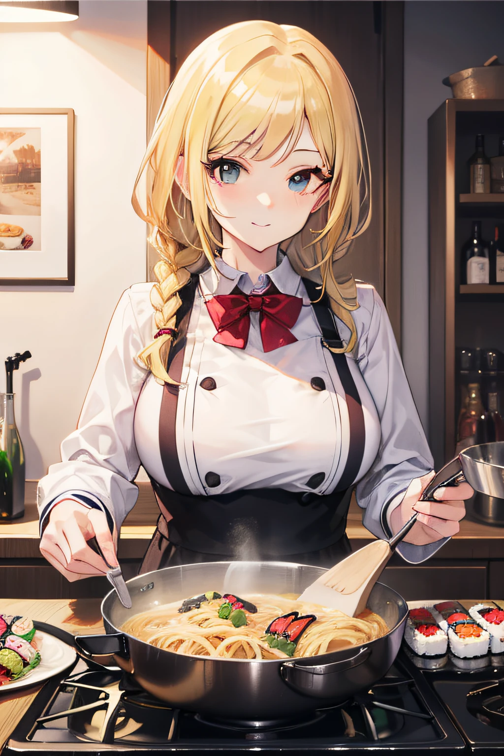 Best quality, Ultra-detailed, high resolution, Extremely detailed CG, Anime Pictures, Unity 8k wallpaper, angle of view , Pile up mushroom pasta, Dark Sushi Master, Dark sushi bar,Chef,Floral blouse,Mature woman, (Human:1),(voluptuous,well endowed,Solo),(1lady, Cook),Chef,25 years old,Blonde hair, Short braids, (The Idolmaster), Bar, cold smile ,ingest,鎖骨,Cooking, Epic,Fixed art, 鎖骨, Cooking, Epic,lucky star, multiple focus