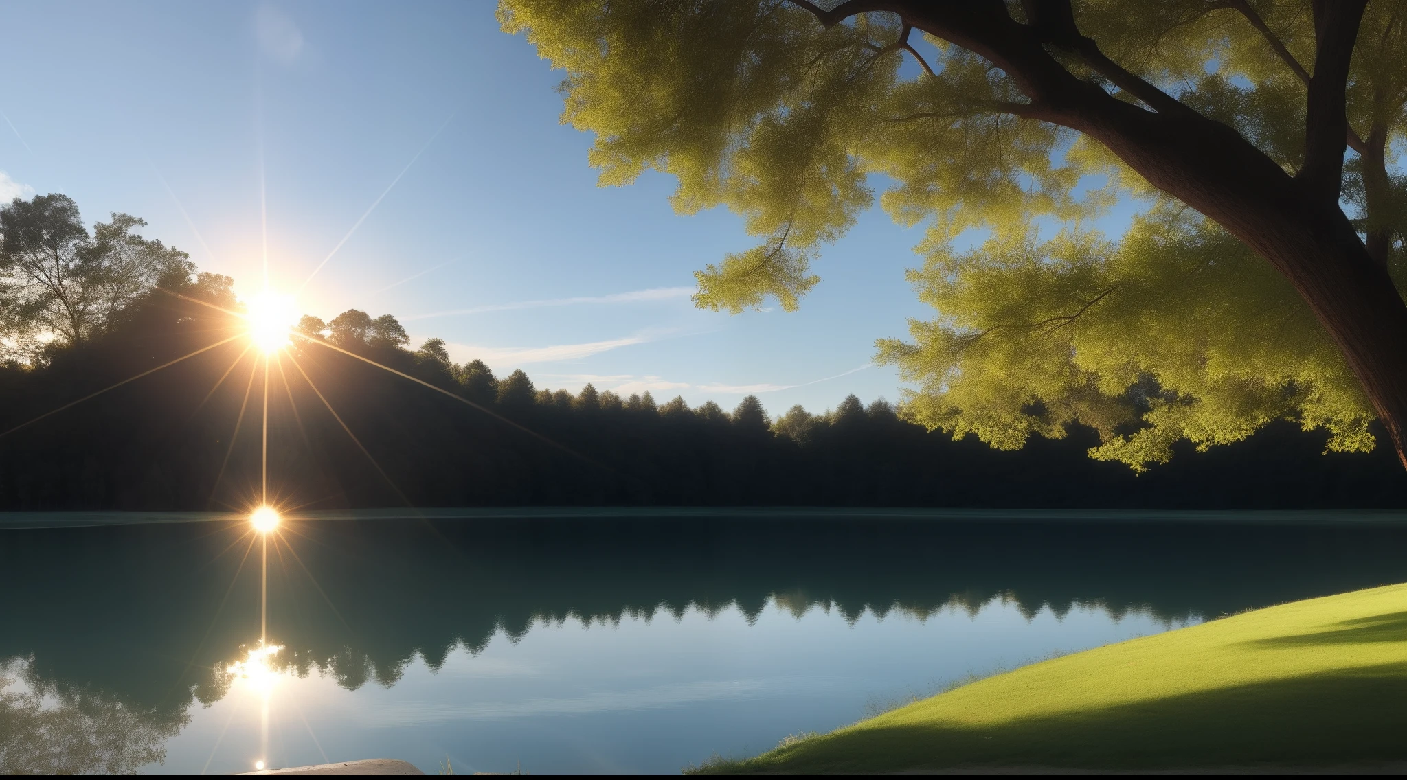 Um grande lago, horizonte, sunlight reflecting off water, trees on the sides, cinematiclight --auto