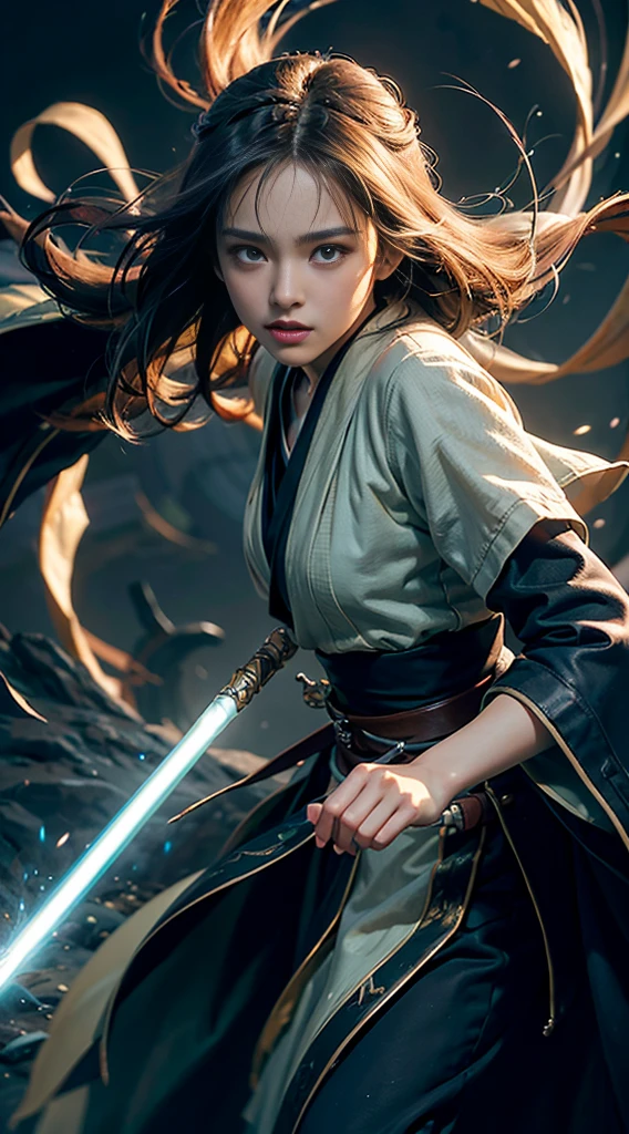 1girl, star wars jedy with lightsaber, dark eyes, prepare to war, dark theme, warping reality, long straight black hair, standing on a rock, in a forest, lots of trees, dark night, mist, midnight, glowing blue light, blue flames, highly detailed, long hairstyle, (sfw:1.4), vivid tones, extreme detail, strong willed, angry, bokeh, negative_hand, lora:oil2.0_2-512-64:0.7> JuggernautNegative, firefliesfireflies