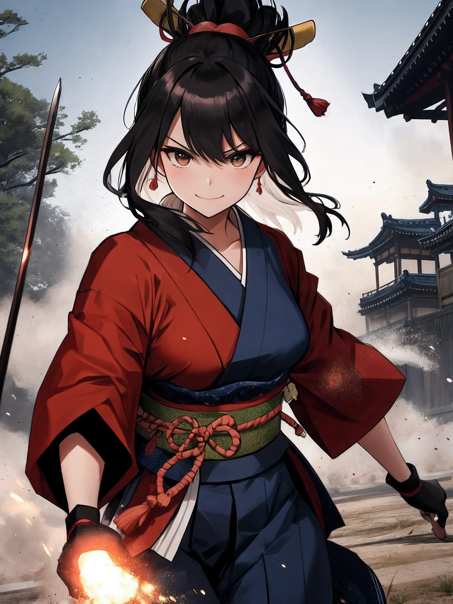 On the battlefield of the Edo period where the scenery of the Japan spreads、Attractive muscular female samurai stands。 Sexy lightly dressed samurai wearing simple kimono、In his black-gloved hand he holds a sword Japan sparkles.。 Intense hot air blows on the battlefield set in a castle that is on fire。A smile appeared on the samurai's face、Tension and fear are mixed before the battle。 Depict the moment when the light body of a samurai dances beautifully in battle。 Use this prompt to、Lightly armed female samurai unites with nature、Draw a moment of battle that flashes。